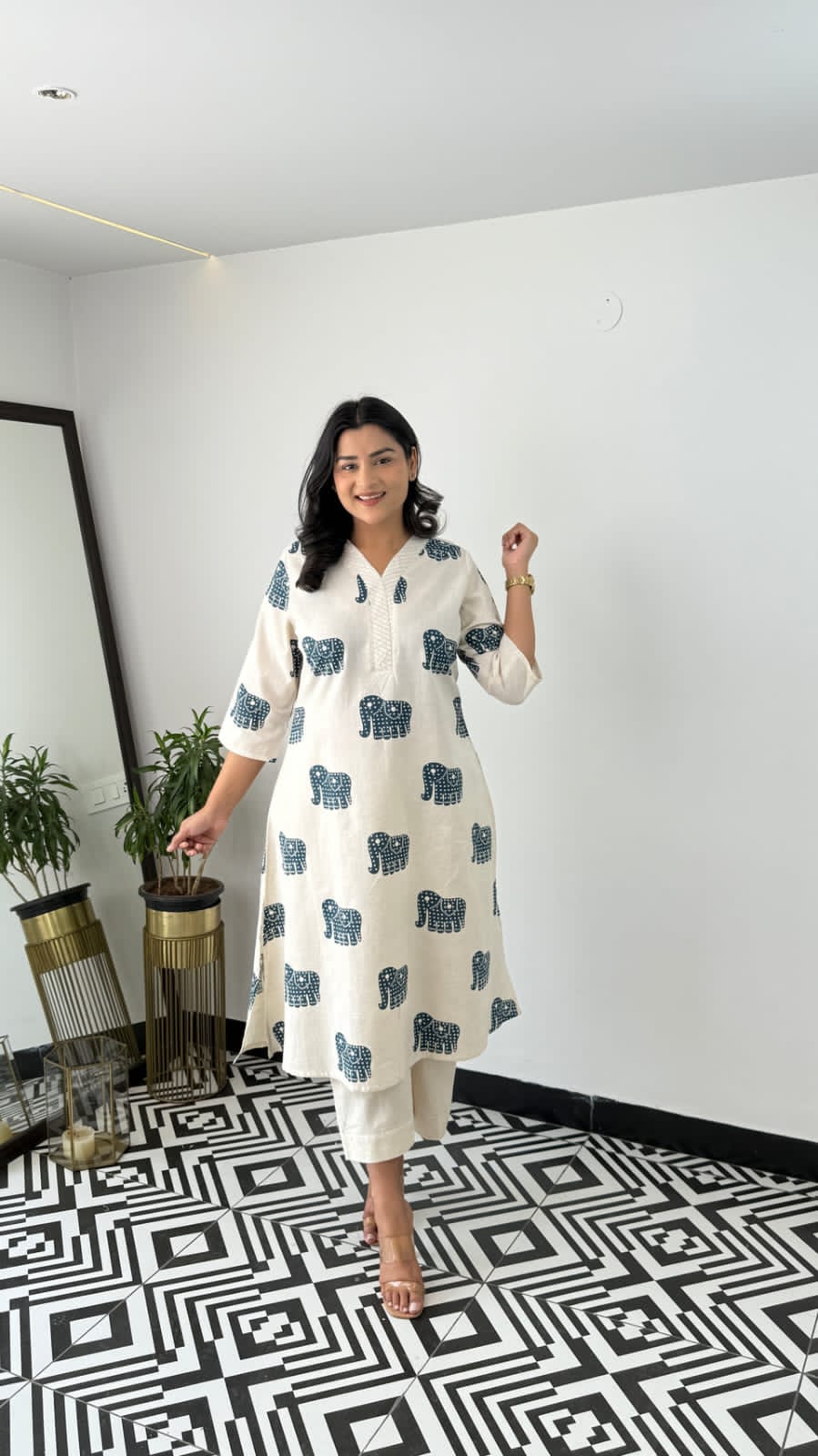 Explore Breathable & Embroidered and beautiful elephant print all over kurti Co-ord Sets your go-to for any occasion