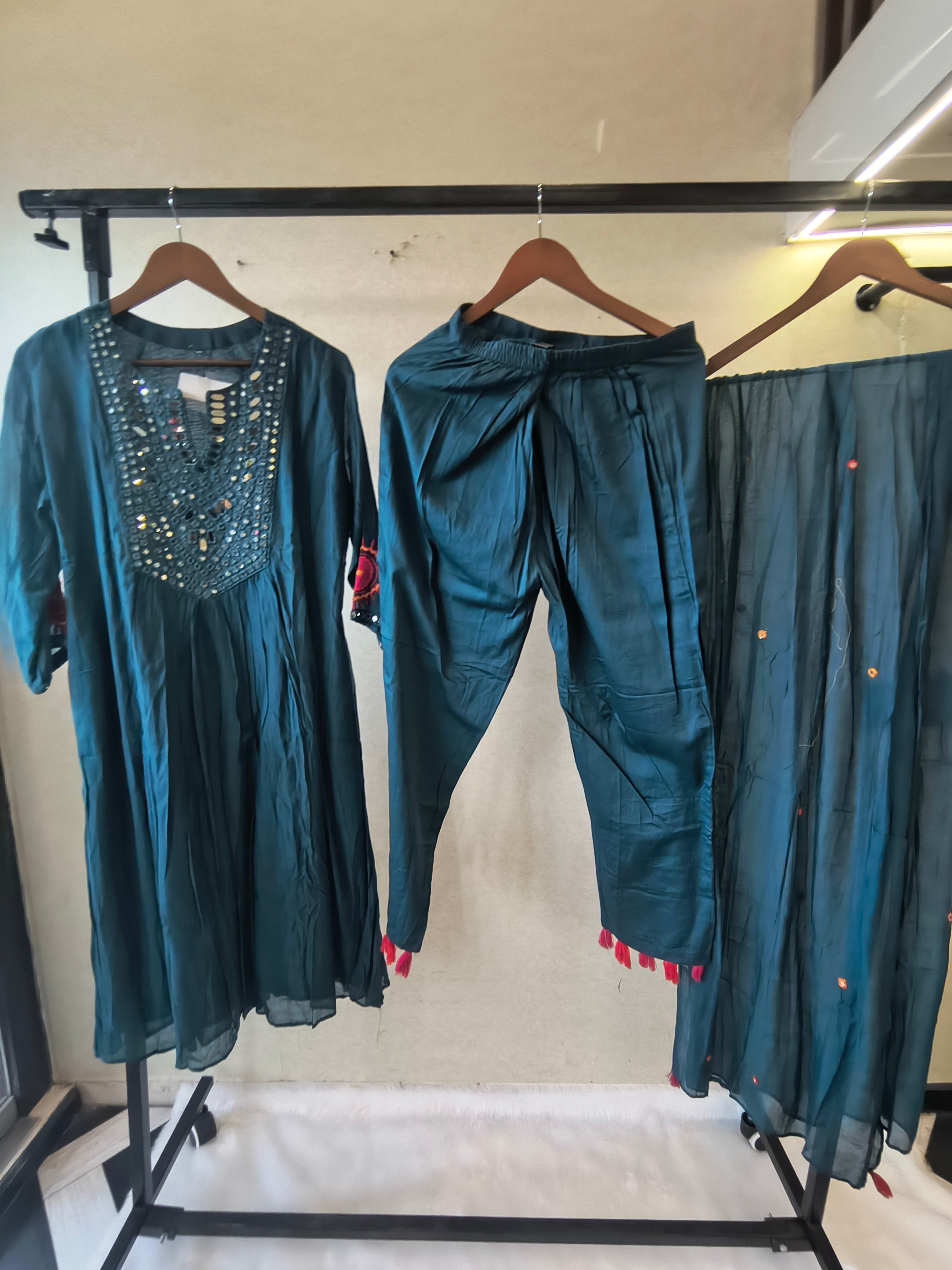 Image of Teal Blue Mirror Work Embroidered Kurta Set with Dupatta | Premium 3 Piece Ethnic Suit