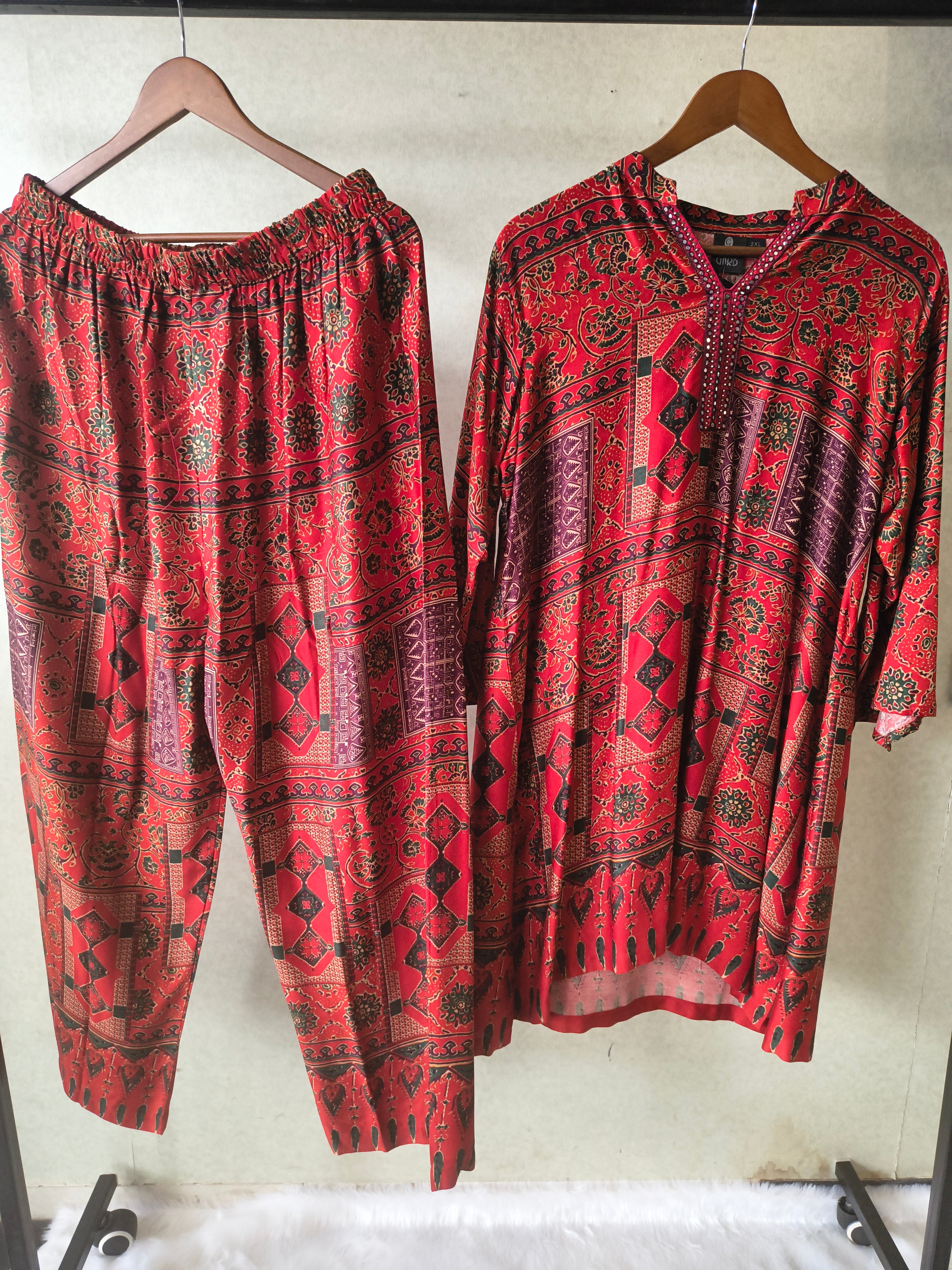 Image of Premium Rust Red Tribal Print Co-Ord Kurta Set with Straight Pants