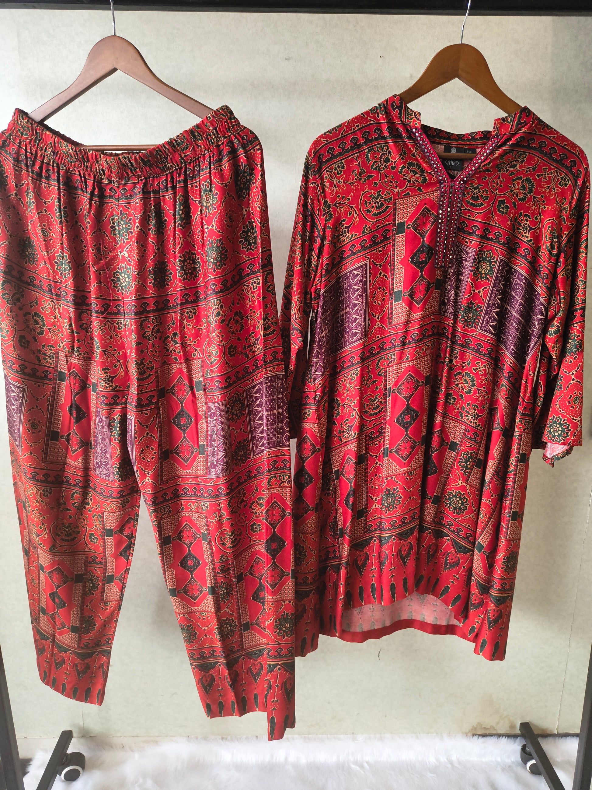 Premium Rust Red Tribal Print Co-Ord Kurta Set with Straight Pants