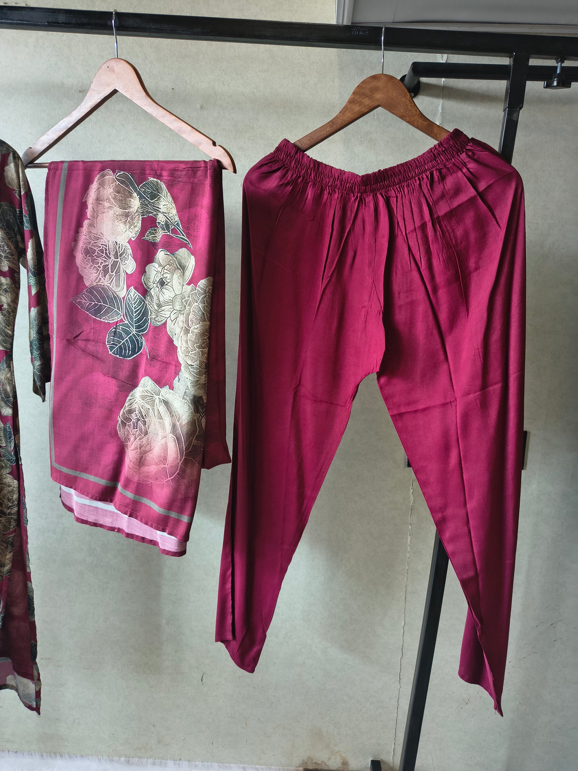 Premium Wine Floral Printed Kurta Set with Solid Pants & Printed Dupatta
