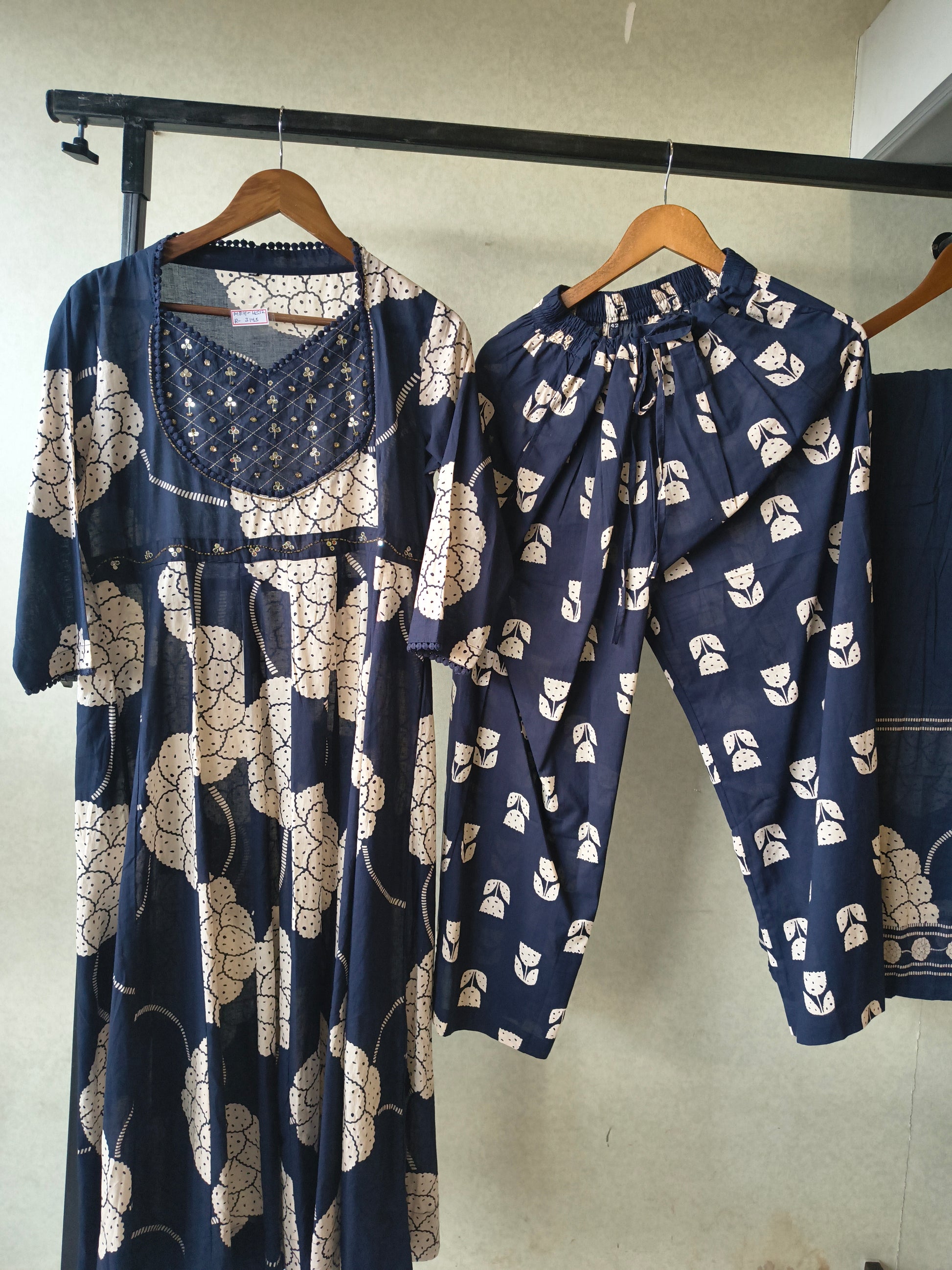 Premium Navy Blue Handblock Printed Cotton Anarkali Suit Set with Printed Pants & Dupatta