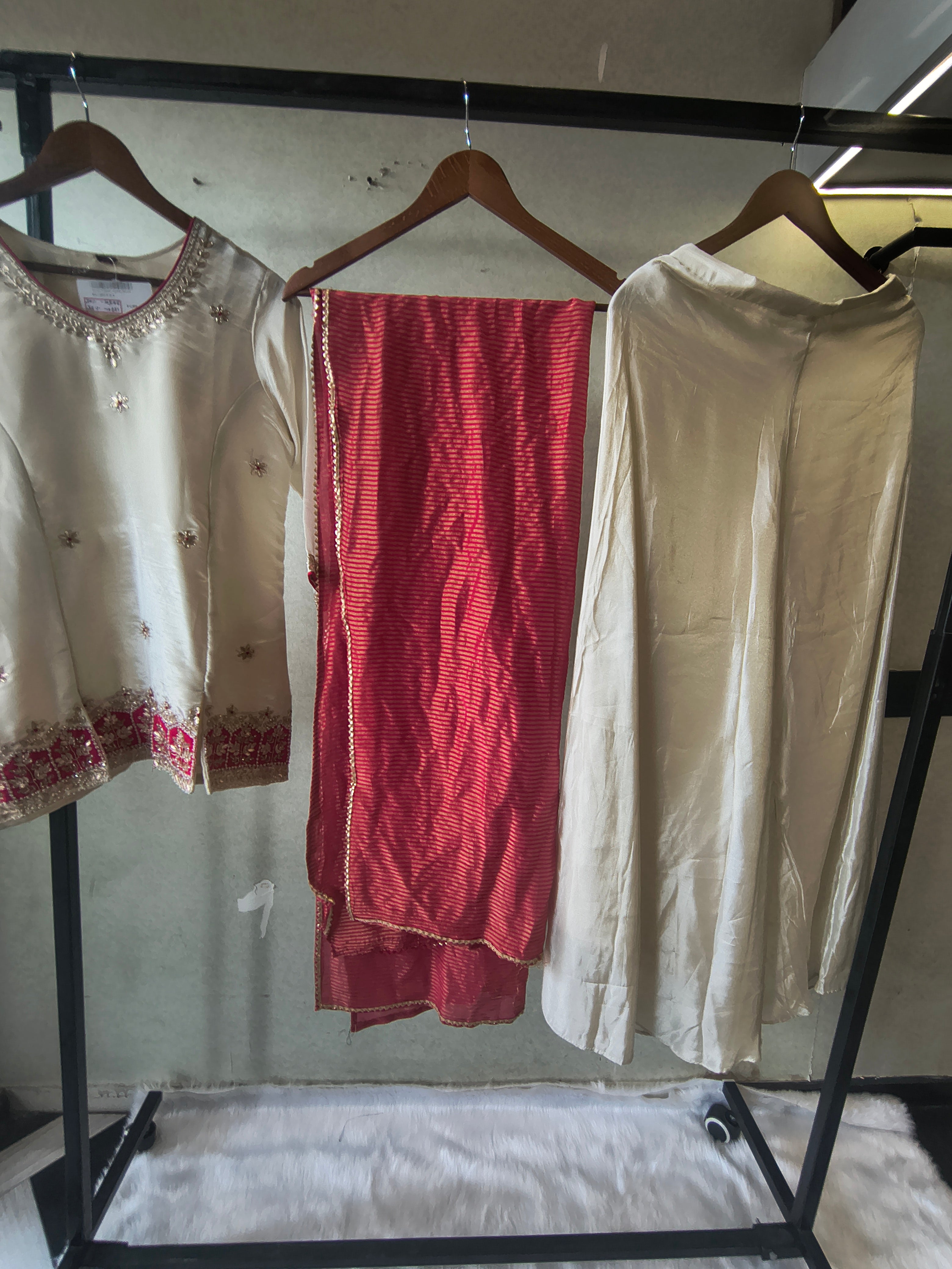 Image of Ivory Tissue Silk Embroidered Kurta with Flared Palazzo & Contrast Pink Leheriya Dupatta – 3 Piece Festive Set