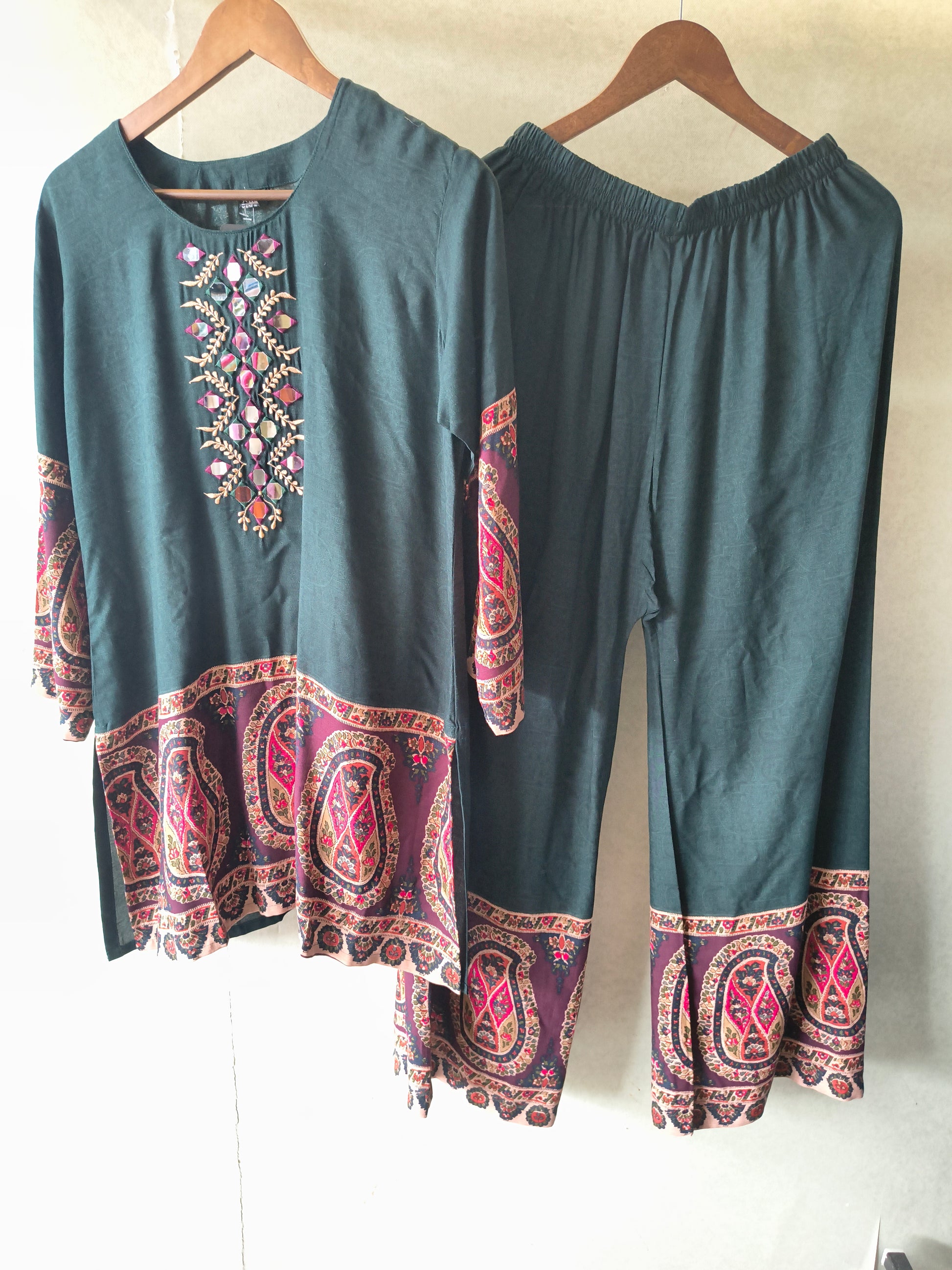 Premium Teal Mirror Work Printed Kurta Pant Co-Ord Set
