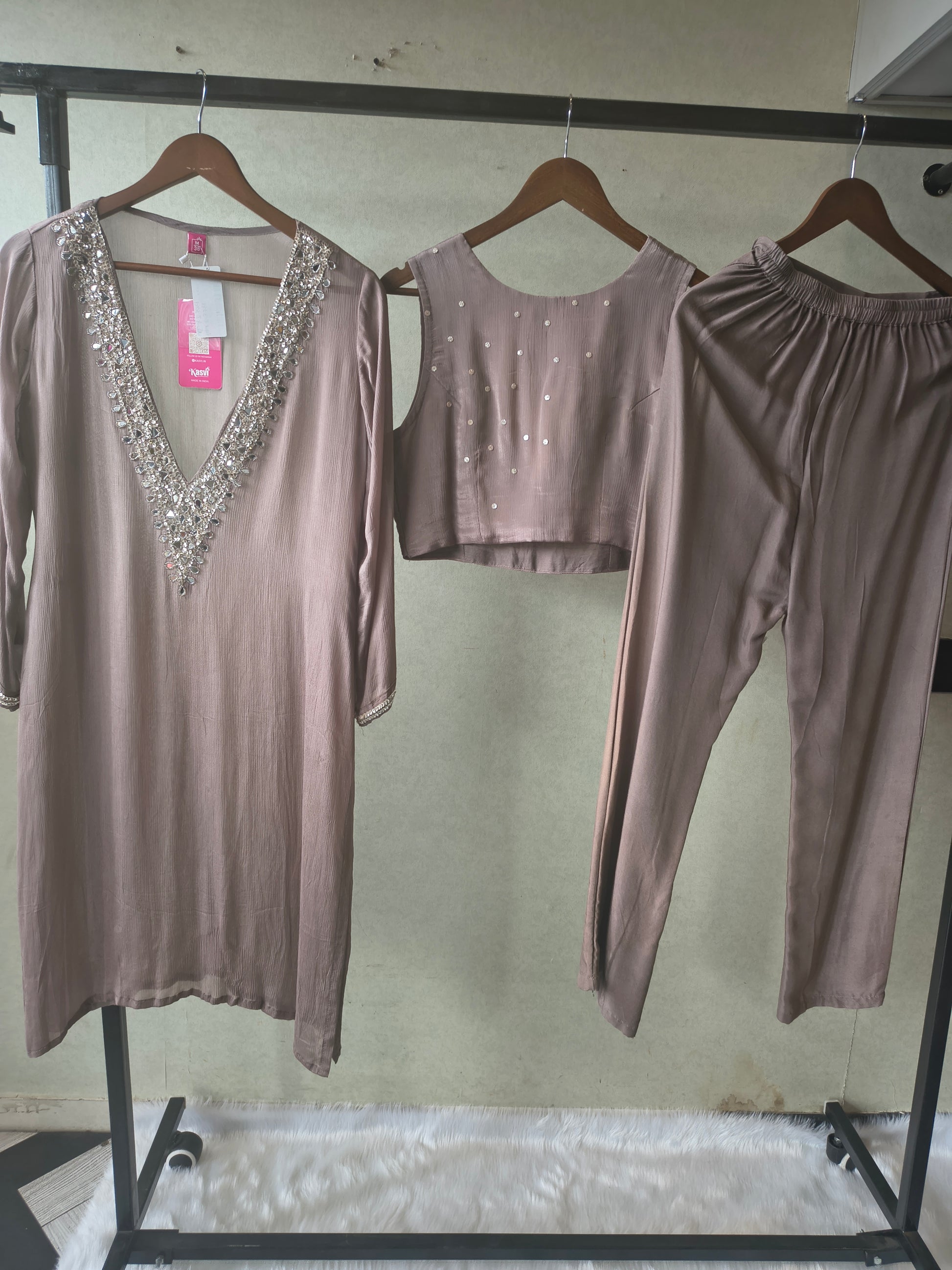 Luxury Taupe Embellished Kurta with Sleeveless Blouse & Straight Pants – 3 Piece Designer Indo-Western Set