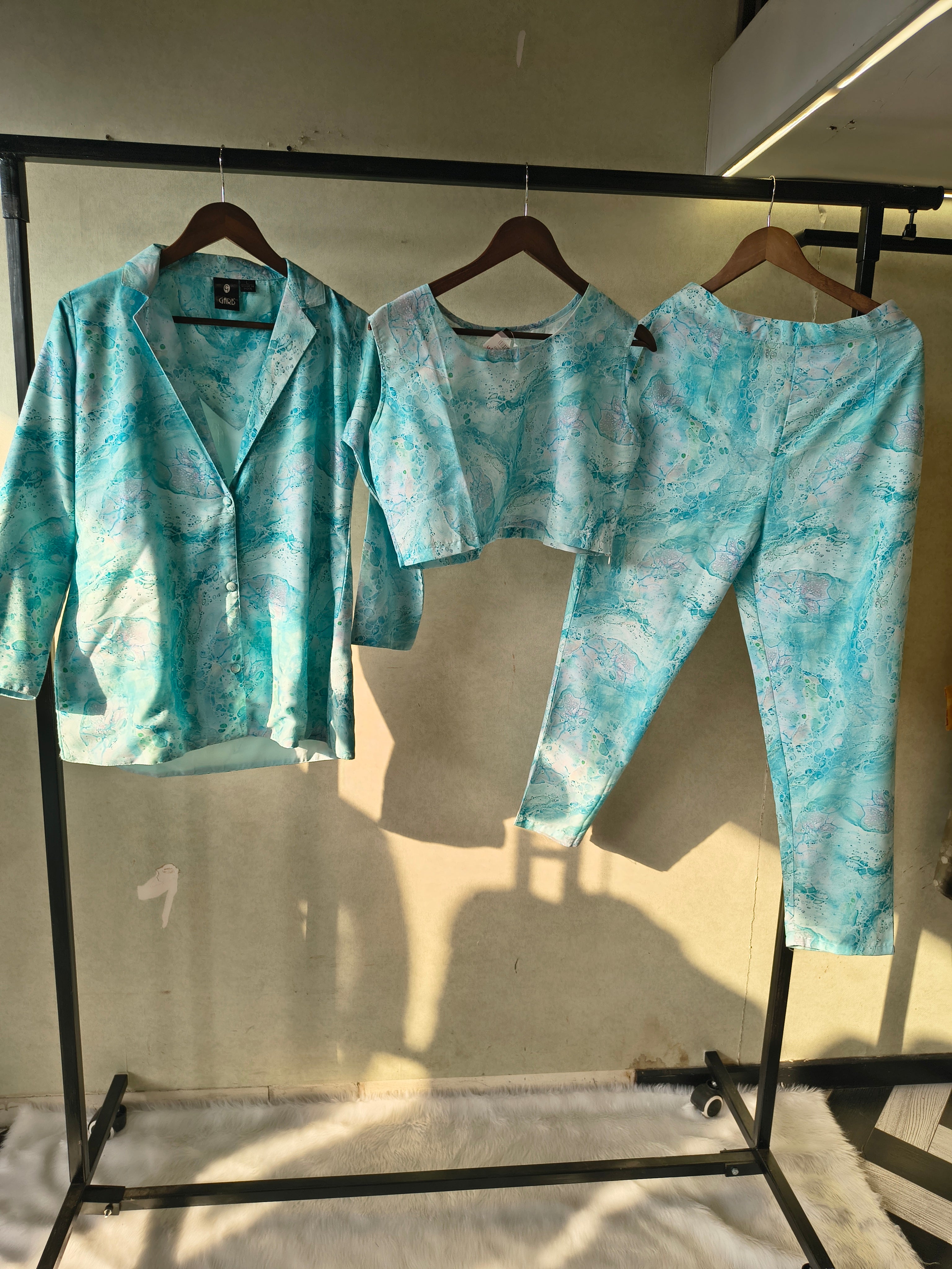 Image of Premium Aqua Marble Print Blazer, Crop Top & Straight Pants Co-Ord Set