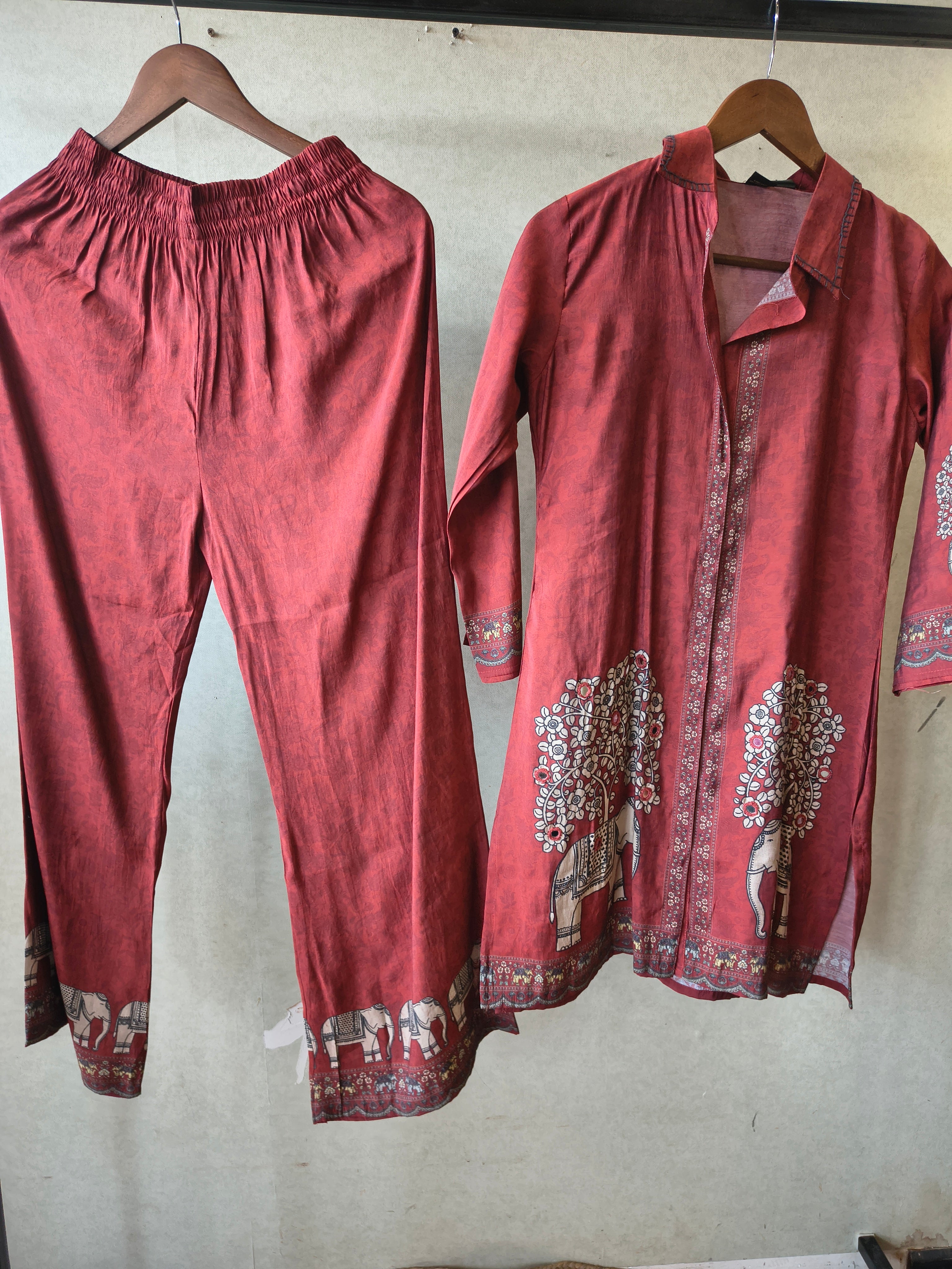 Image of Rust Red Elephant Print Designer Co-Ord Set with Asymmetrical Hem
