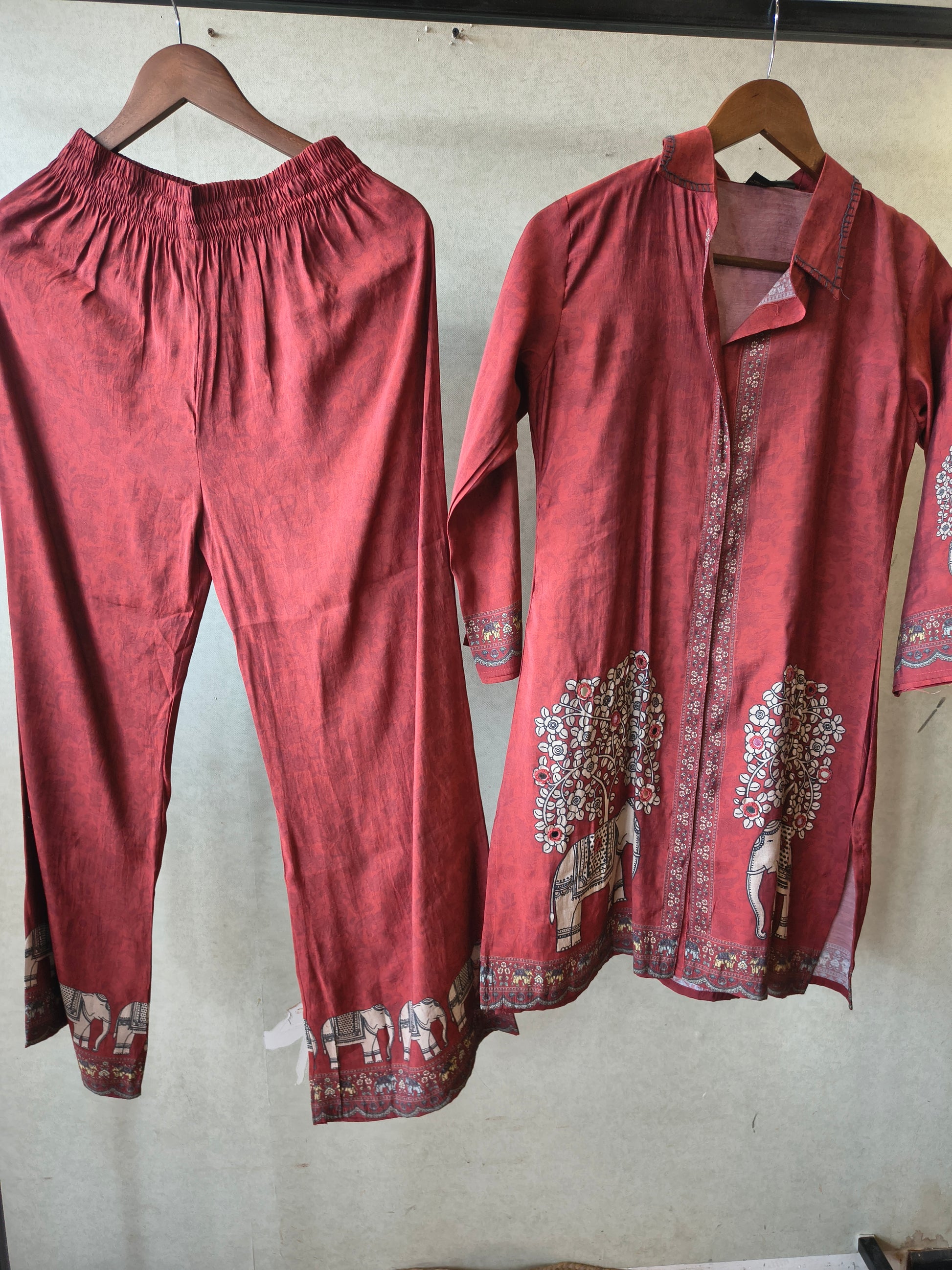 Rust Red Elephant Print Designer Co-Ord Set with Asymmetrical Hem