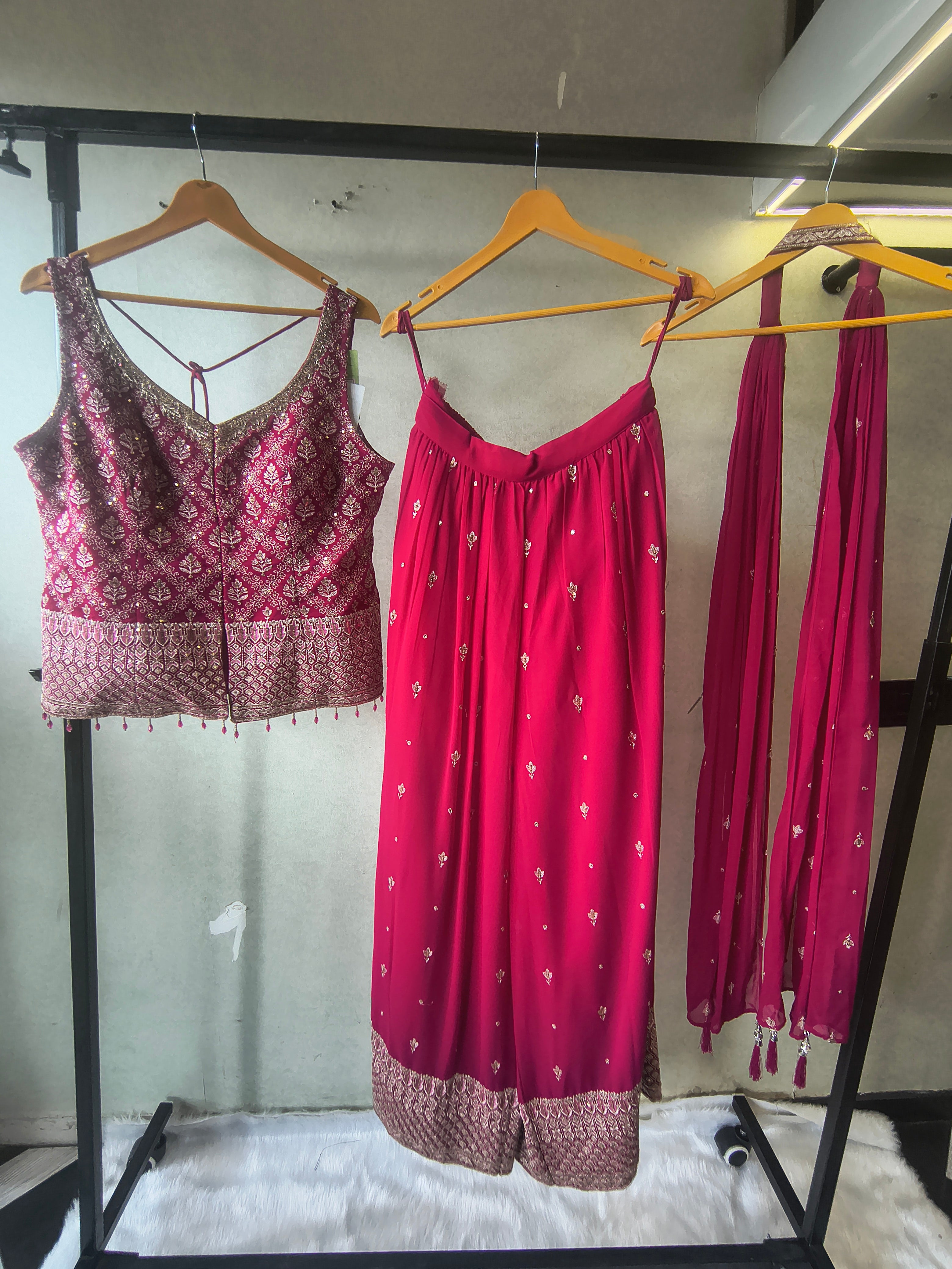 Image of Rani Pink Zari Woven Blouse with Flared Palazzo & Embellished Dupatta – Designer 3 Piece Festive Set