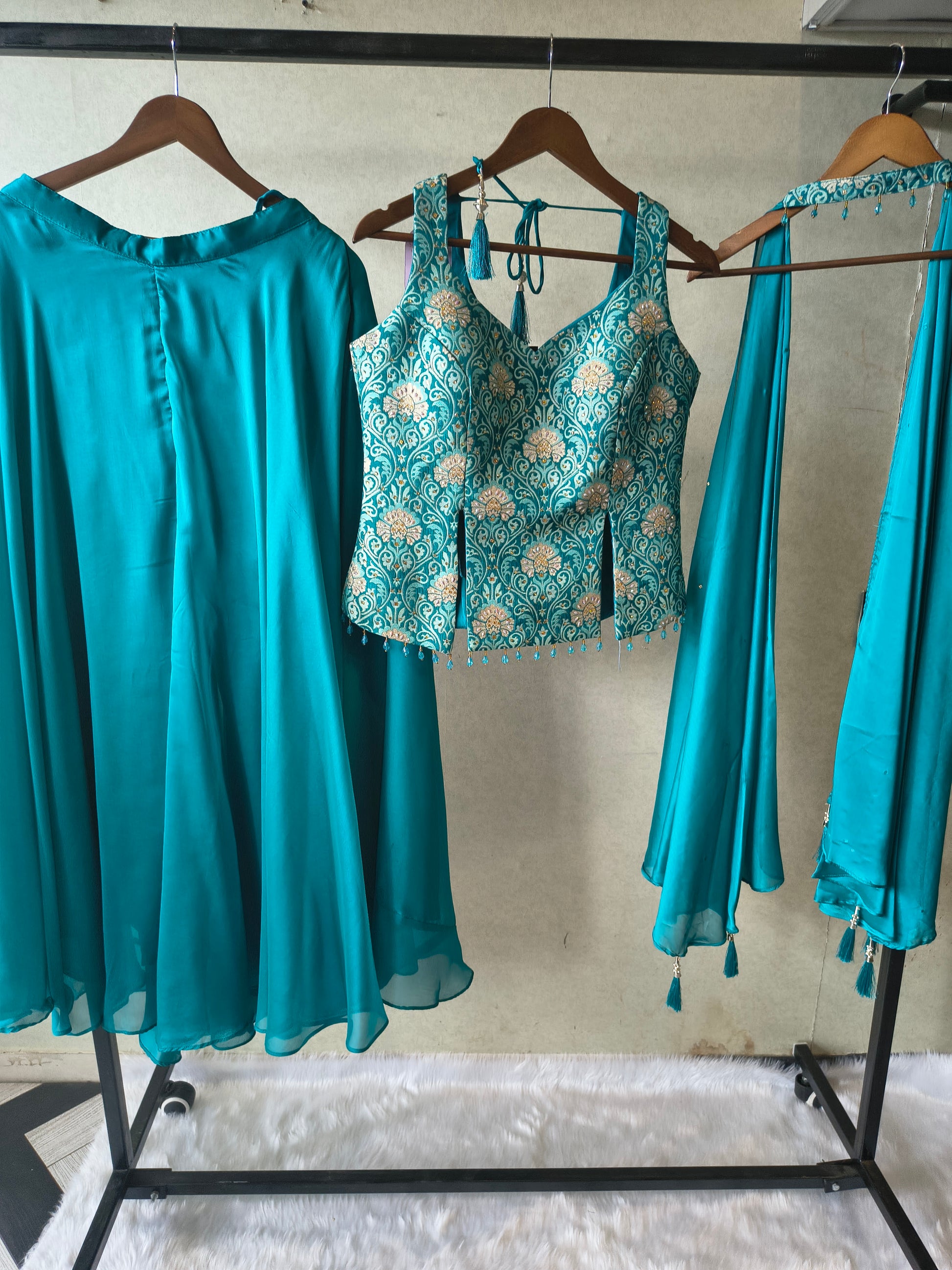 Premium Turquoise Blue 3-Piece Designer Lehenga Set with Brocade Embroidered Blouse & Tassel Dupatta