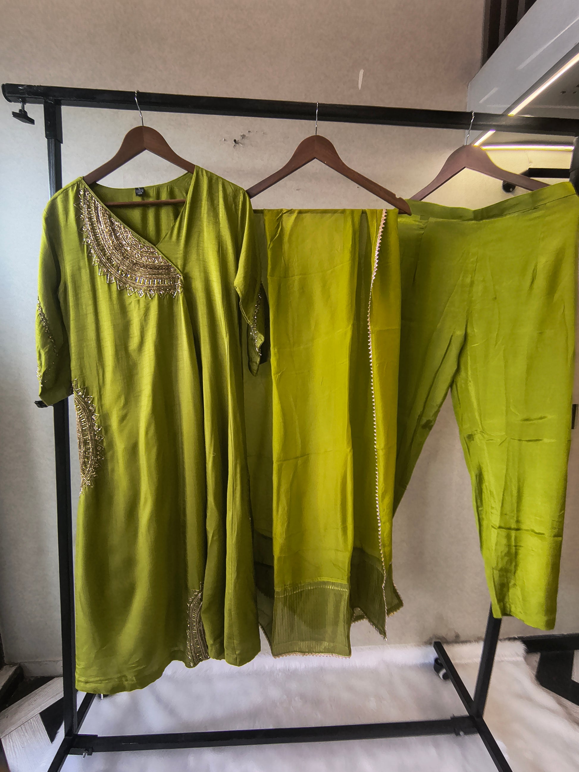 Lime Green Hand-Embroidered Designer Kurta Set with Organza Dupatta | Premium 3 Piece Ethnic Suit
