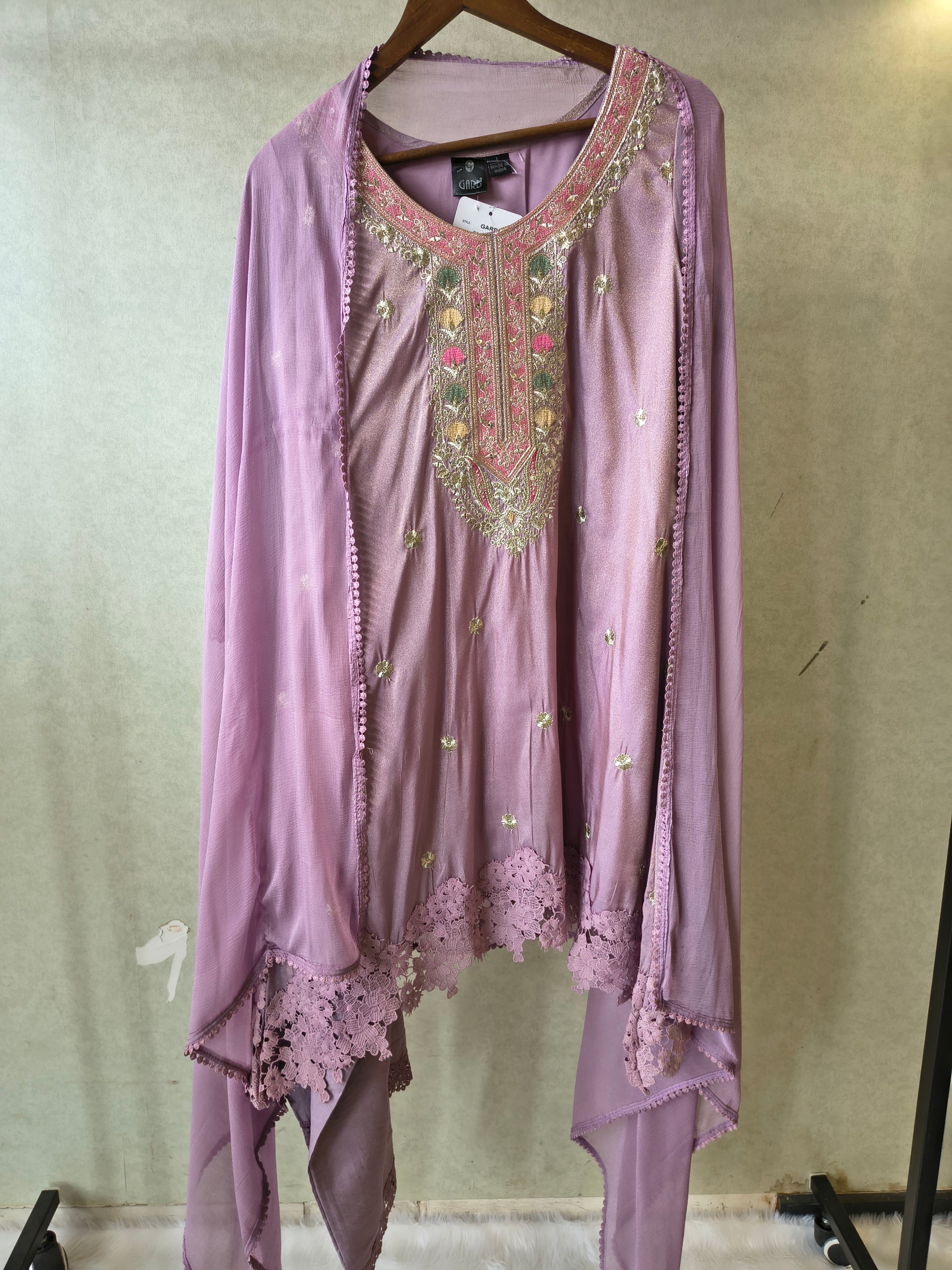 Premium Dusty Lilac Embroidered Kurta Set with Lace Hem & Dupatta