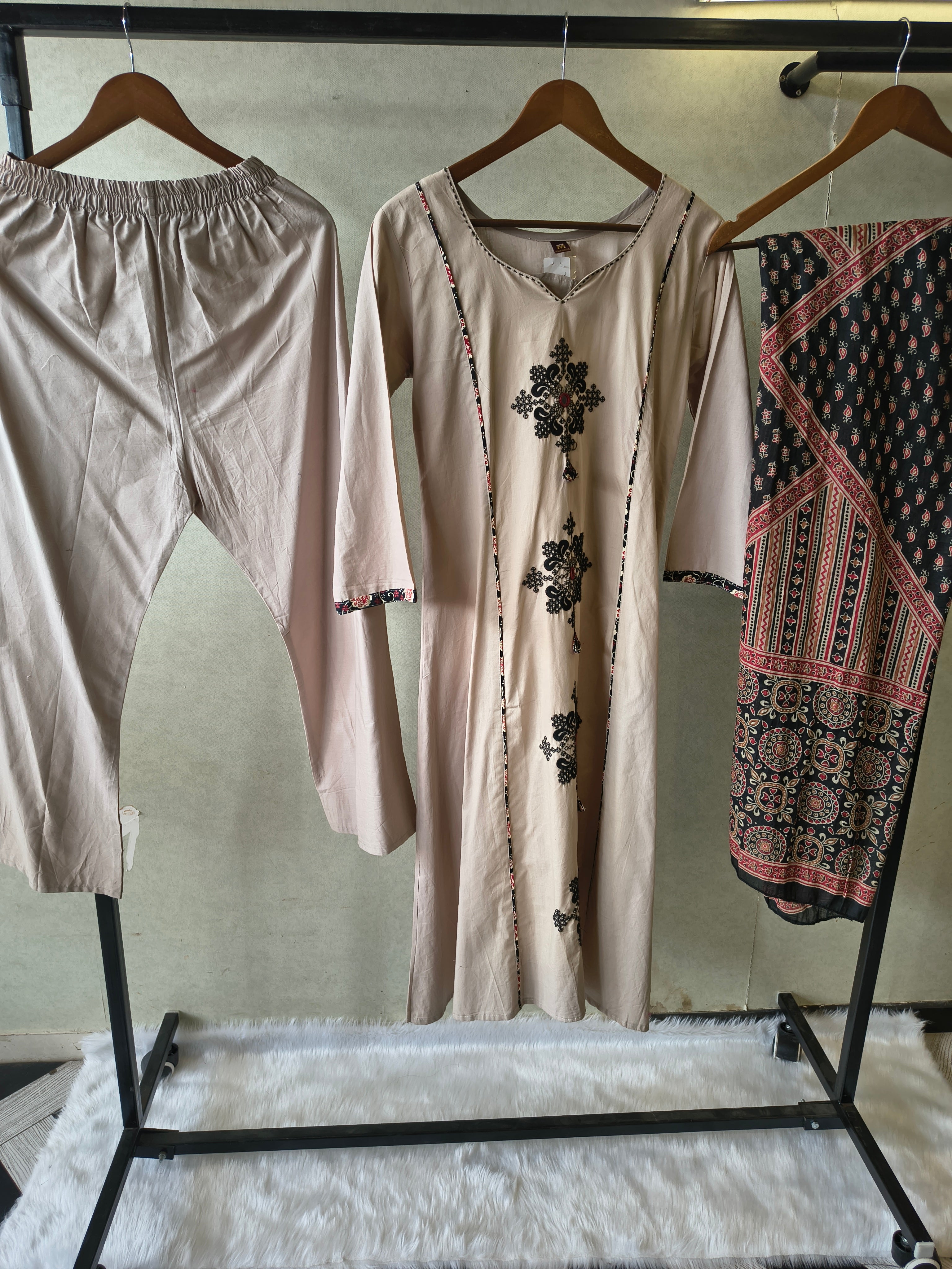 Image of Blush Beige Cotton Straight Kurta Set with Floral Embroidery & Printed Dupatta