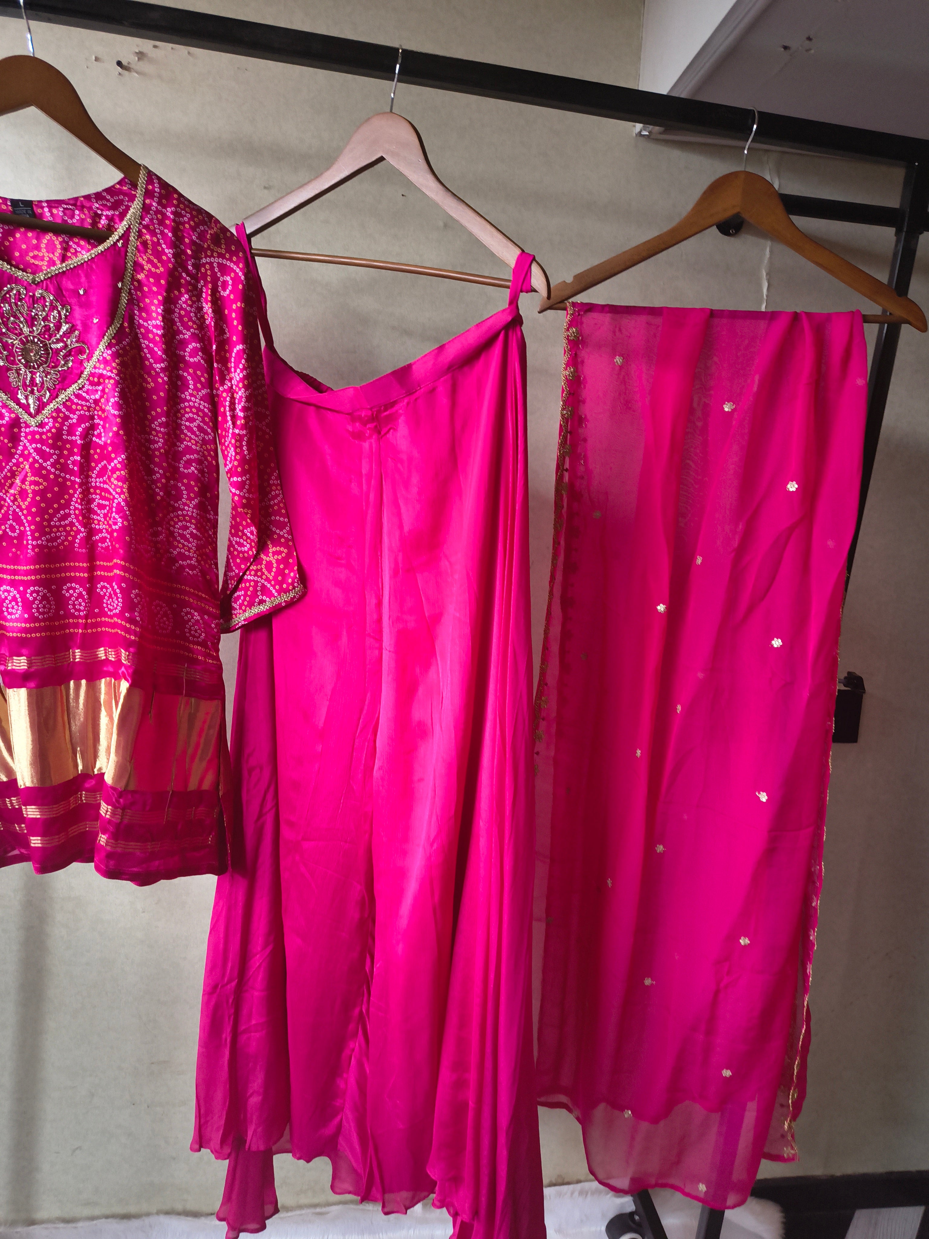 Image of Rani Pink Bandhani Sharara Set with Zari Border & Embroidered Dupatta – Premium 3 Piece Festive Ensemble