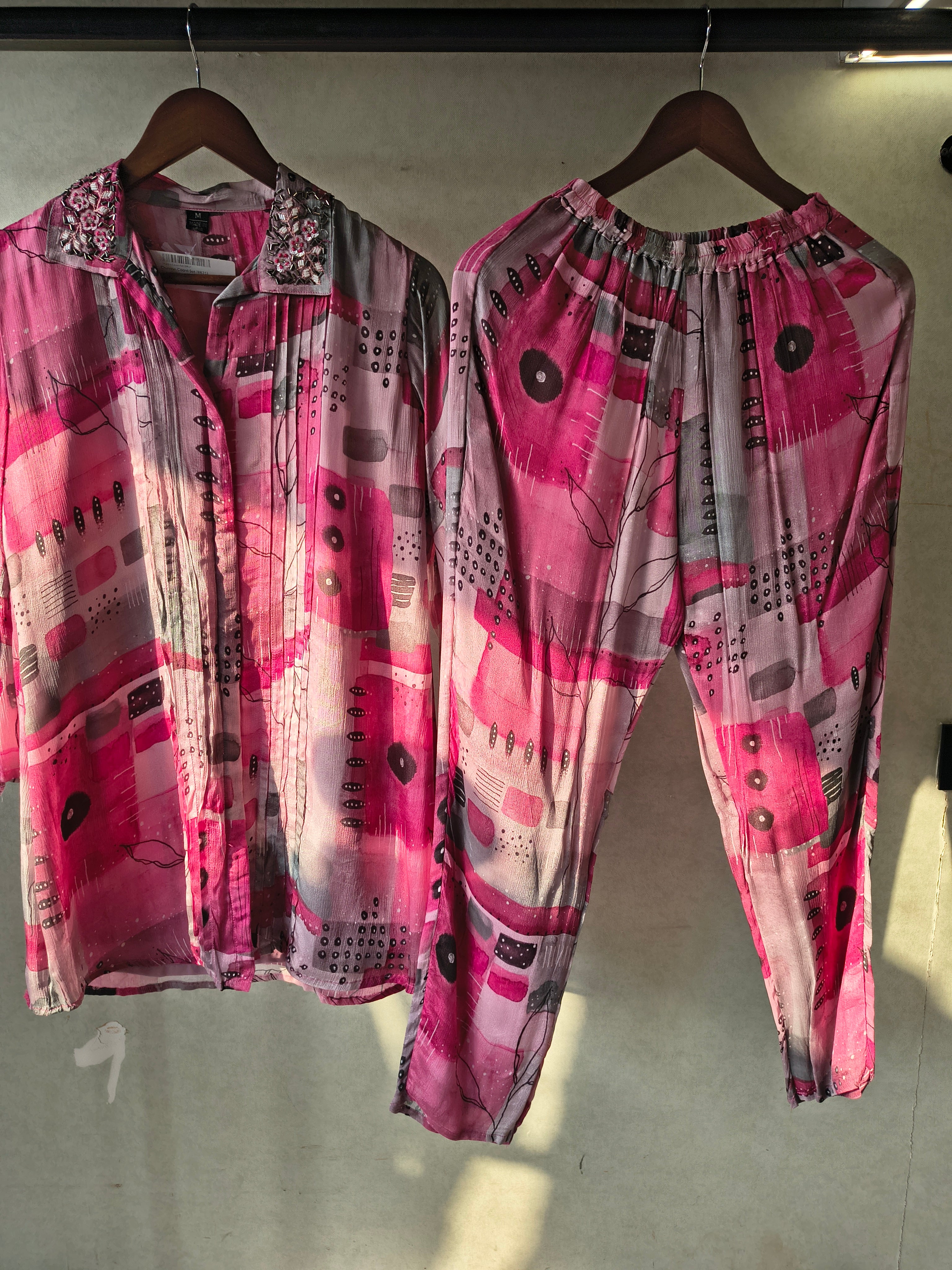 Image of Premium Embellished Abstract Printed Oversized Shirt Co-Ord Set with Tapered Pants