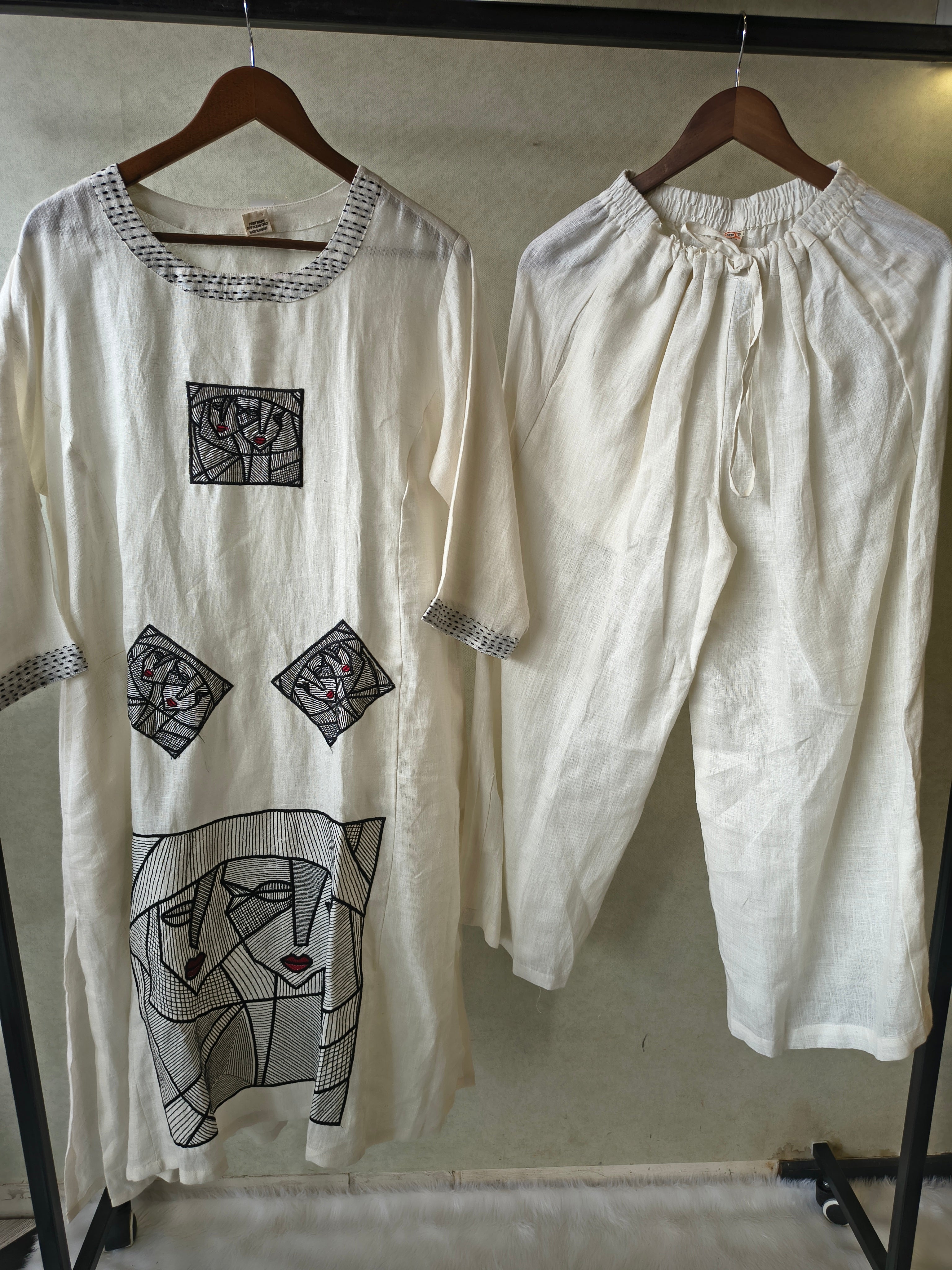 Image of Premium Off-White Artistic Abstract Embroidered Cotton Kurta with Straight Pants Set