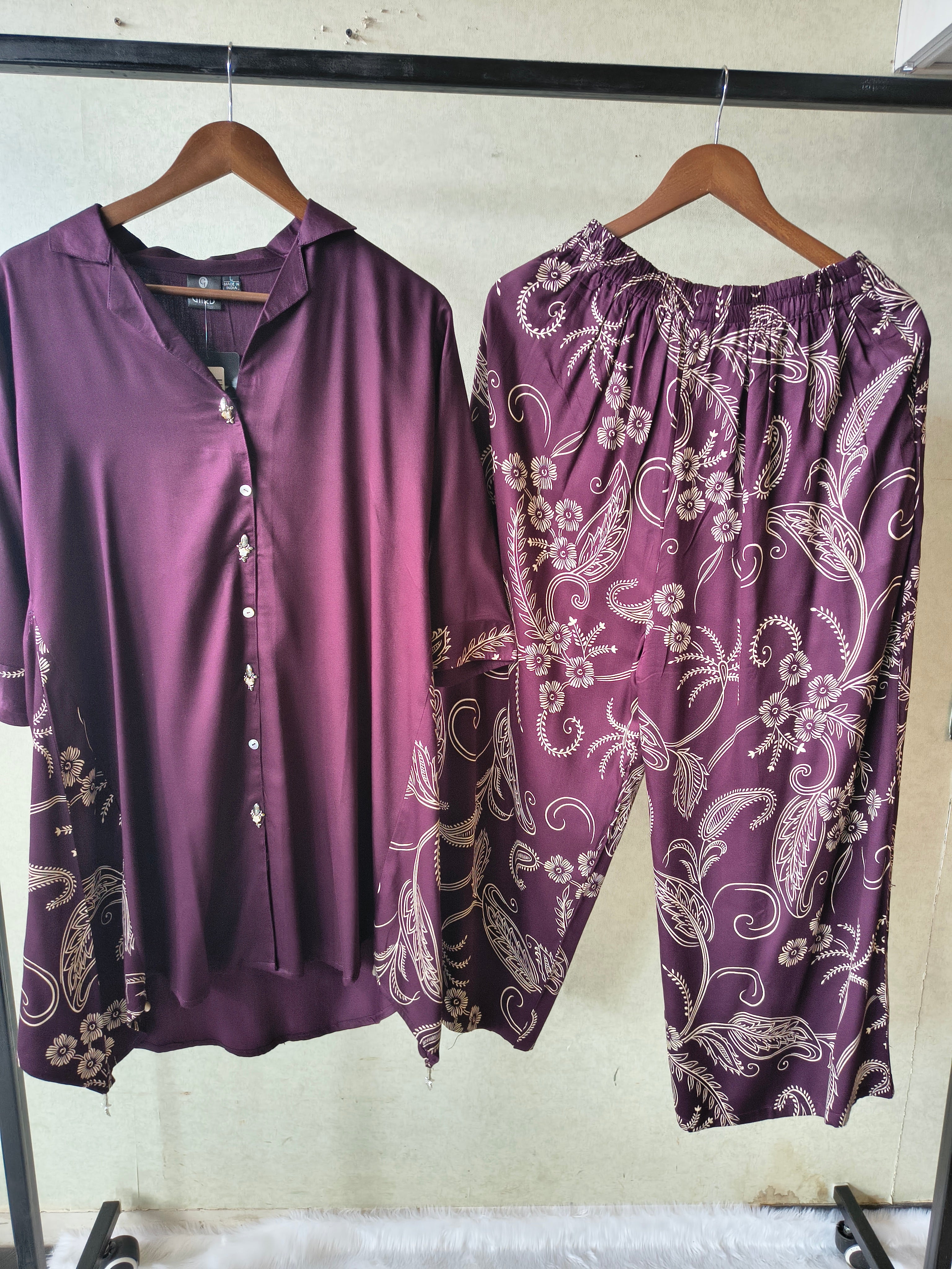 Image of Premium Plum Satin Co-Ord Kurta Set with Printed Straight Pants