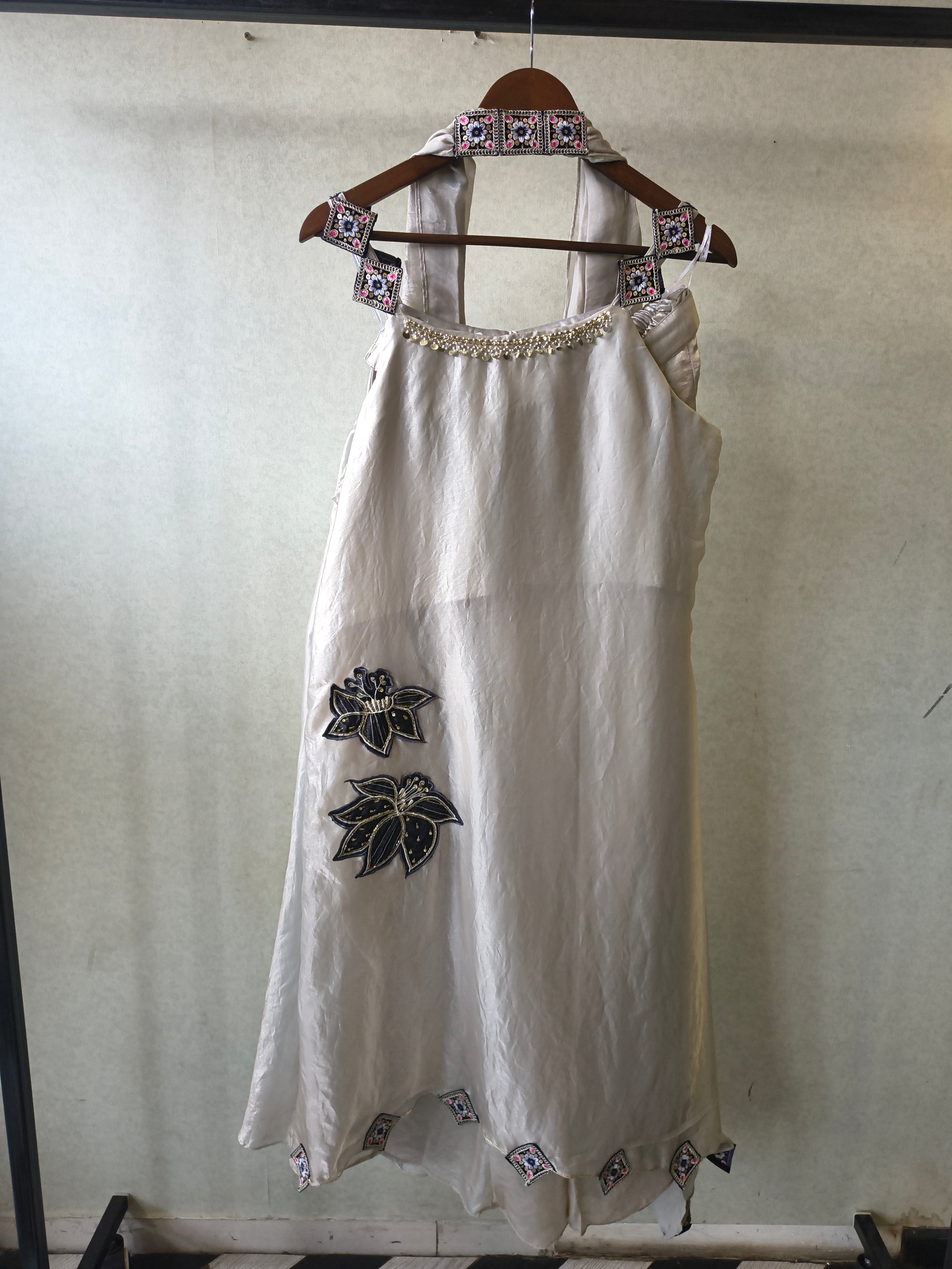 Image of Ivory Designer A-Line Dress with Handcrafted Floral Appliqué & Embellished Scarf