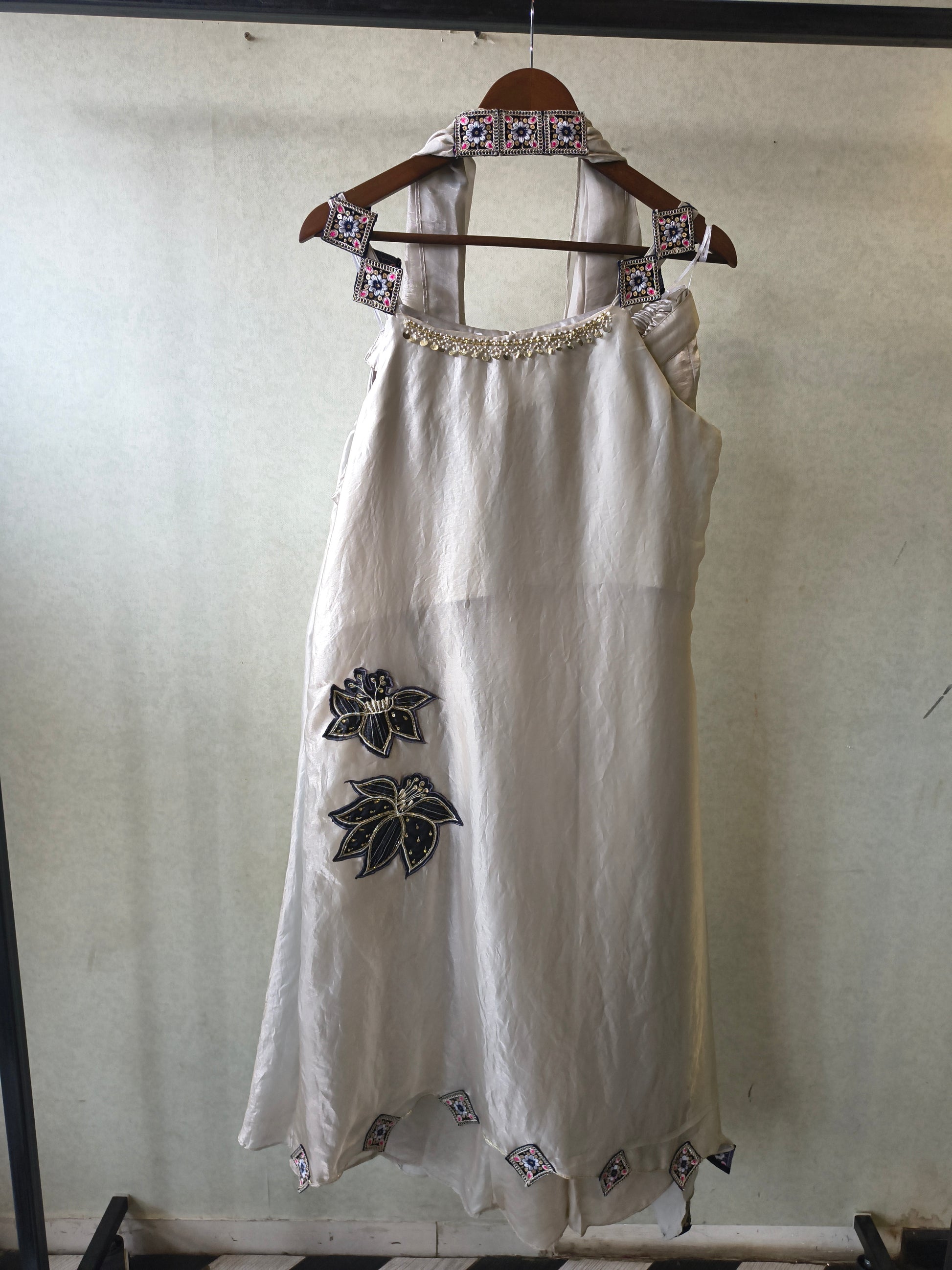 Ivory Designer A-Line Dress with Handcrafted Floral Appliqué & Embellished Scarf