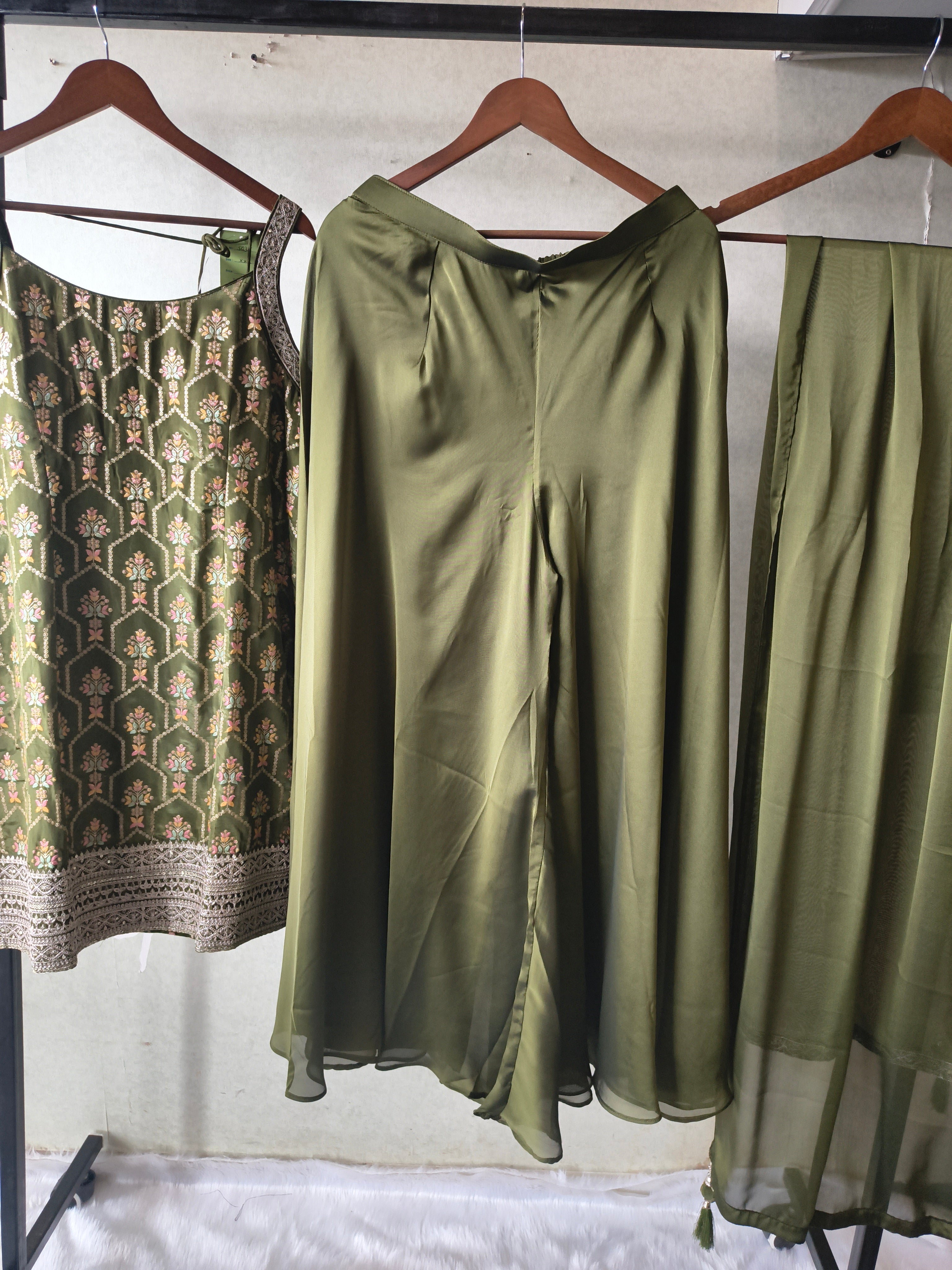 Image of Olive Green Printed Sharara Set with Embroidered Border & Dupatta – Premium 3 Piece Festive Ensemble