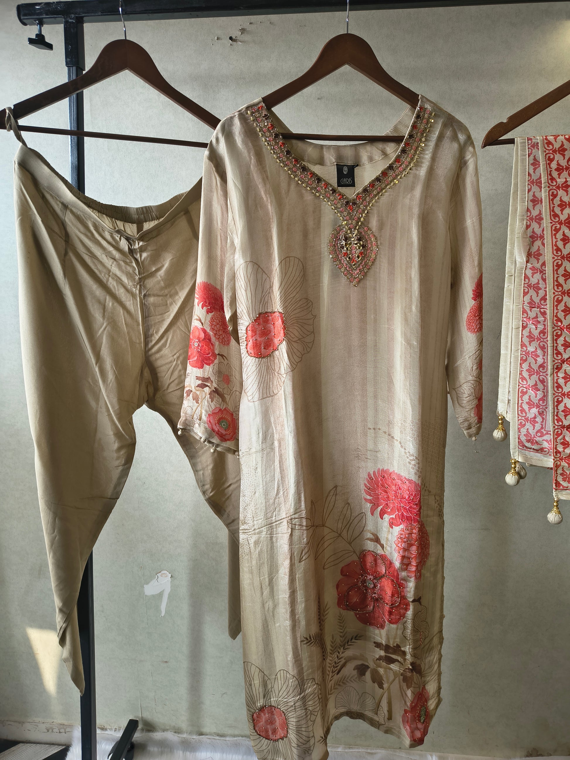 Beige Floral Printed Silk Blend Kurta Set with Hand-Embellished Neckline & Designer Dupatta – Premium 3 Piece Ethnic Ensemble