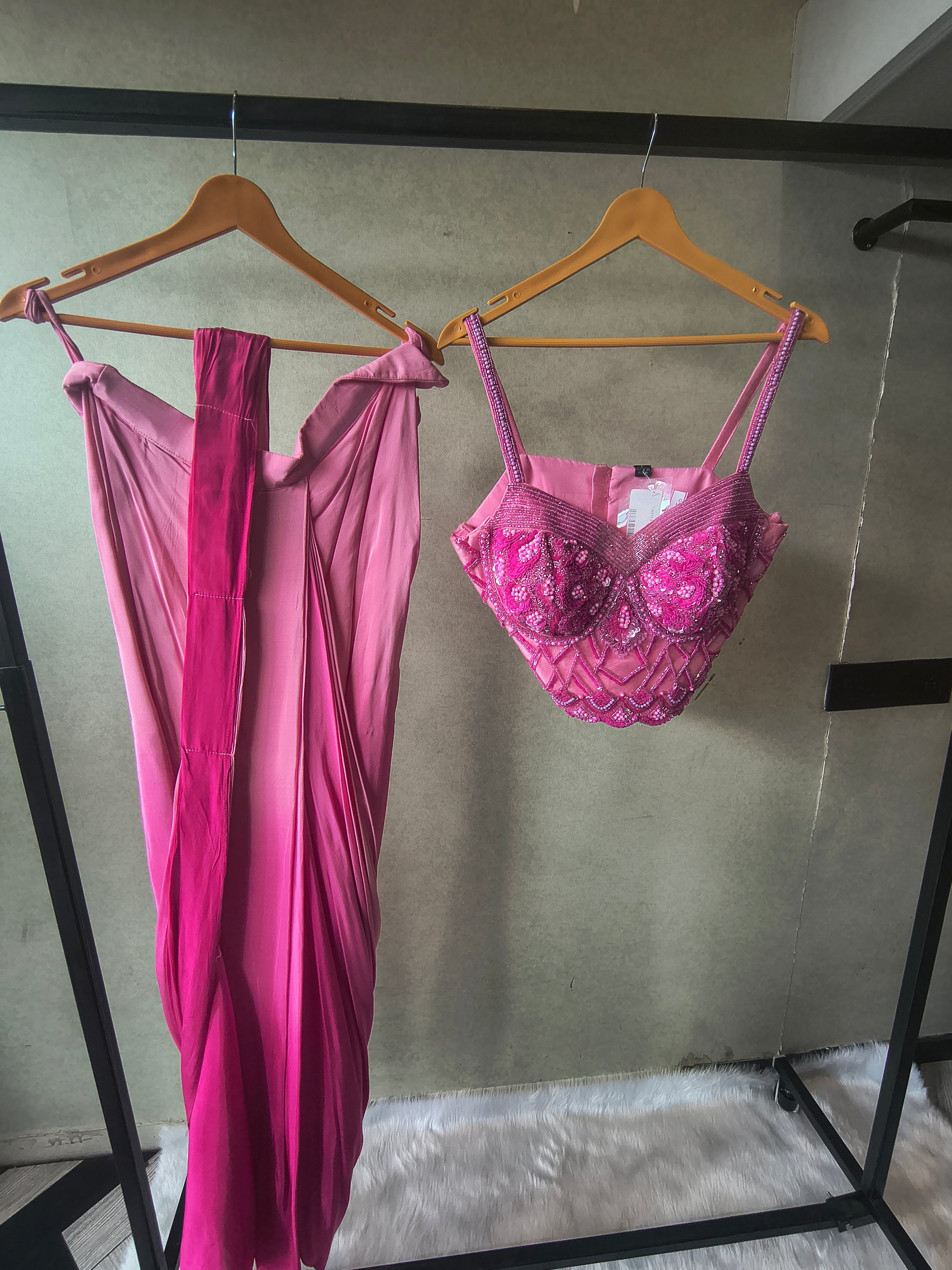 Premium Ombre Pink Satin Saree with Hand Embroidered Designer Blouse