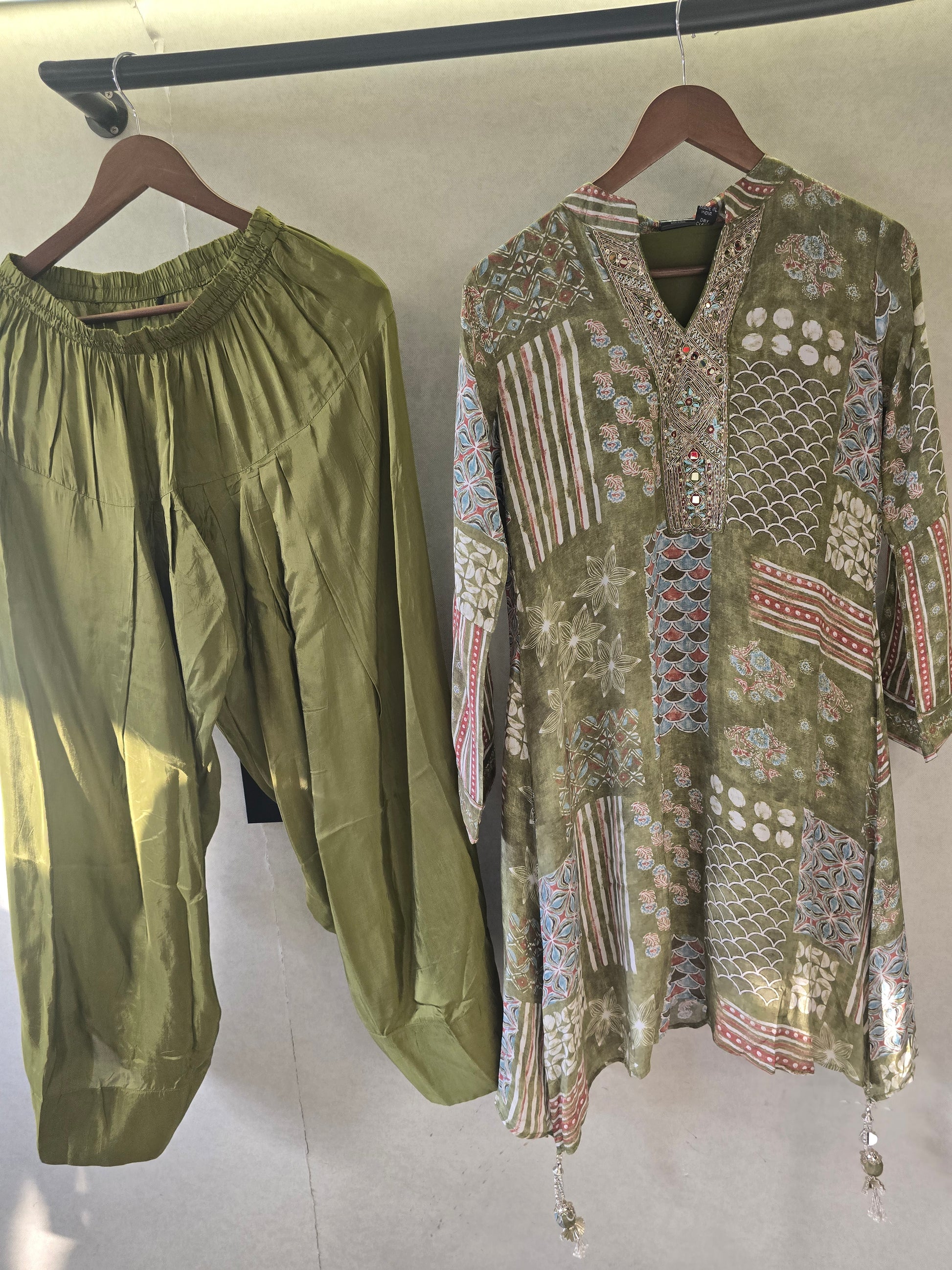 Olive Patchwork Print Embroidered Co-Ord Set