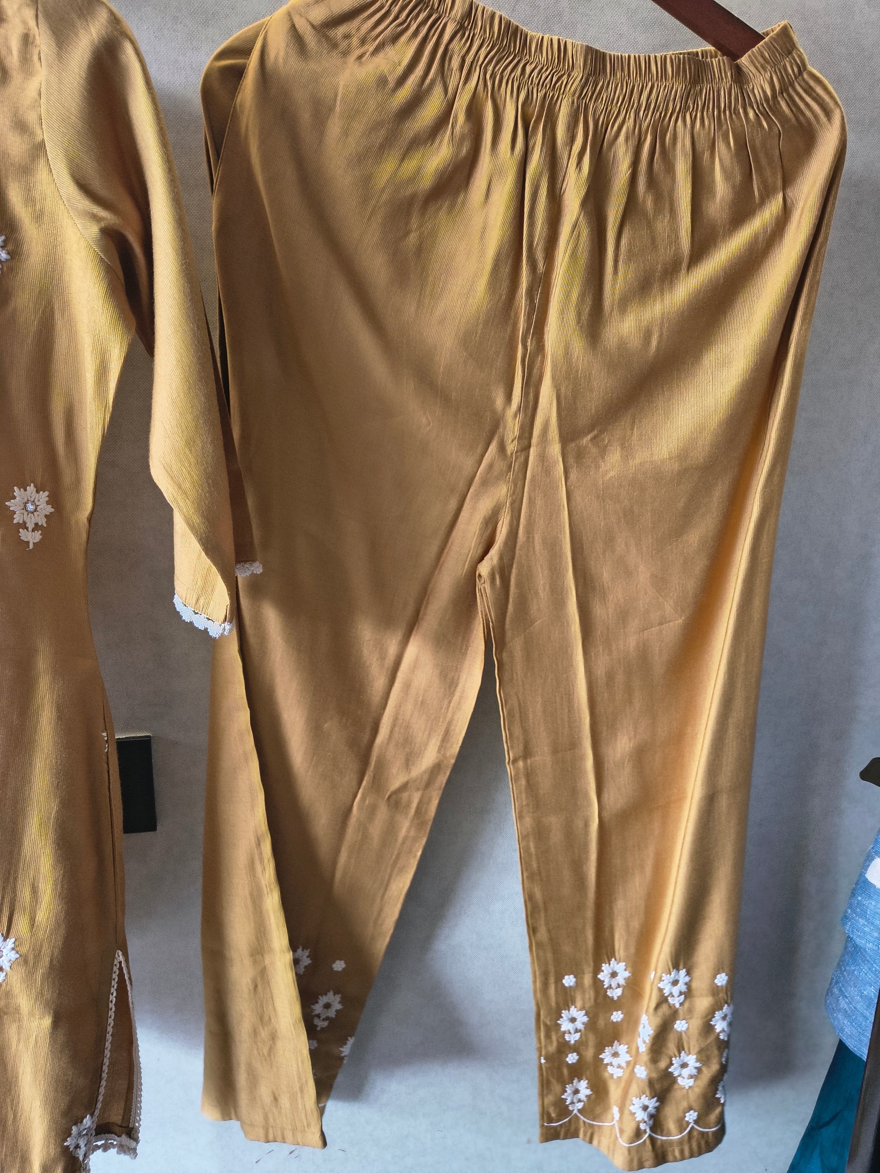 Image of Mustard Yellow White Embroidered Premium Kurta Pant Co-Ord Set