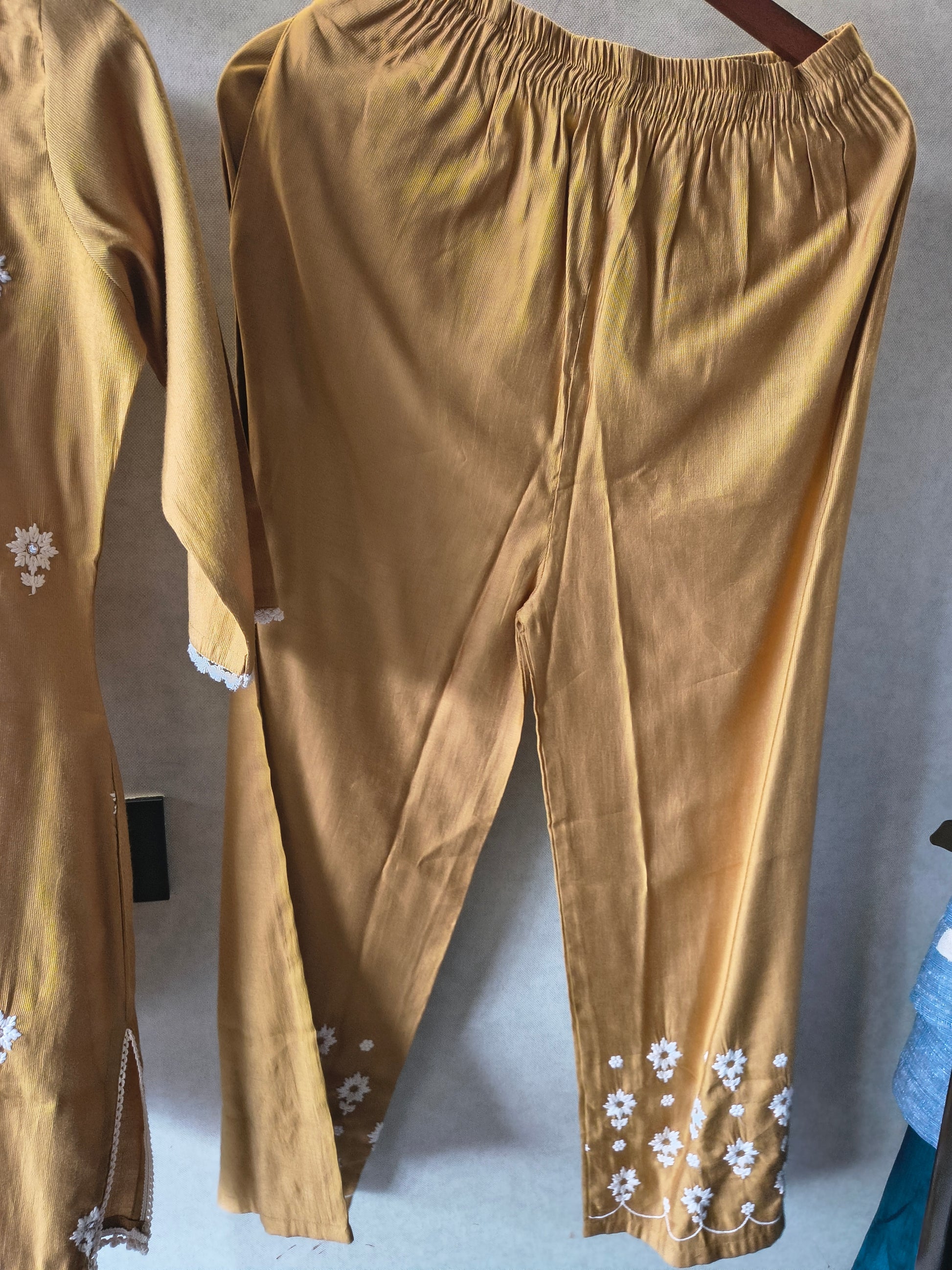 Mustard Yellow White Embroidered Premium Kurta Pant Co-Ord Set