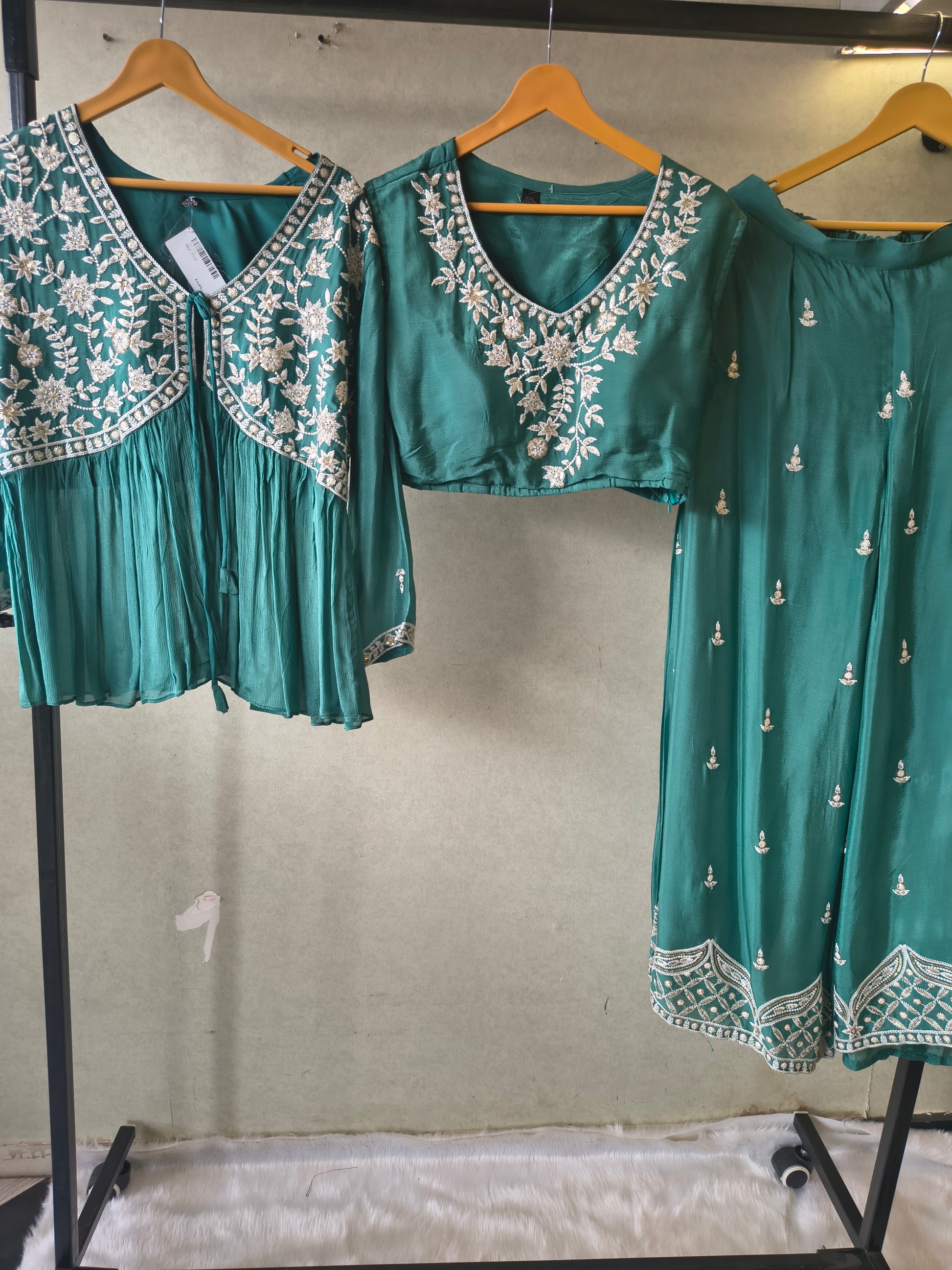 Emerald Green Embroidered Peplum Jacket with Blouse & Flared Palazzo – Designer 3 Piece Indo-Western Set