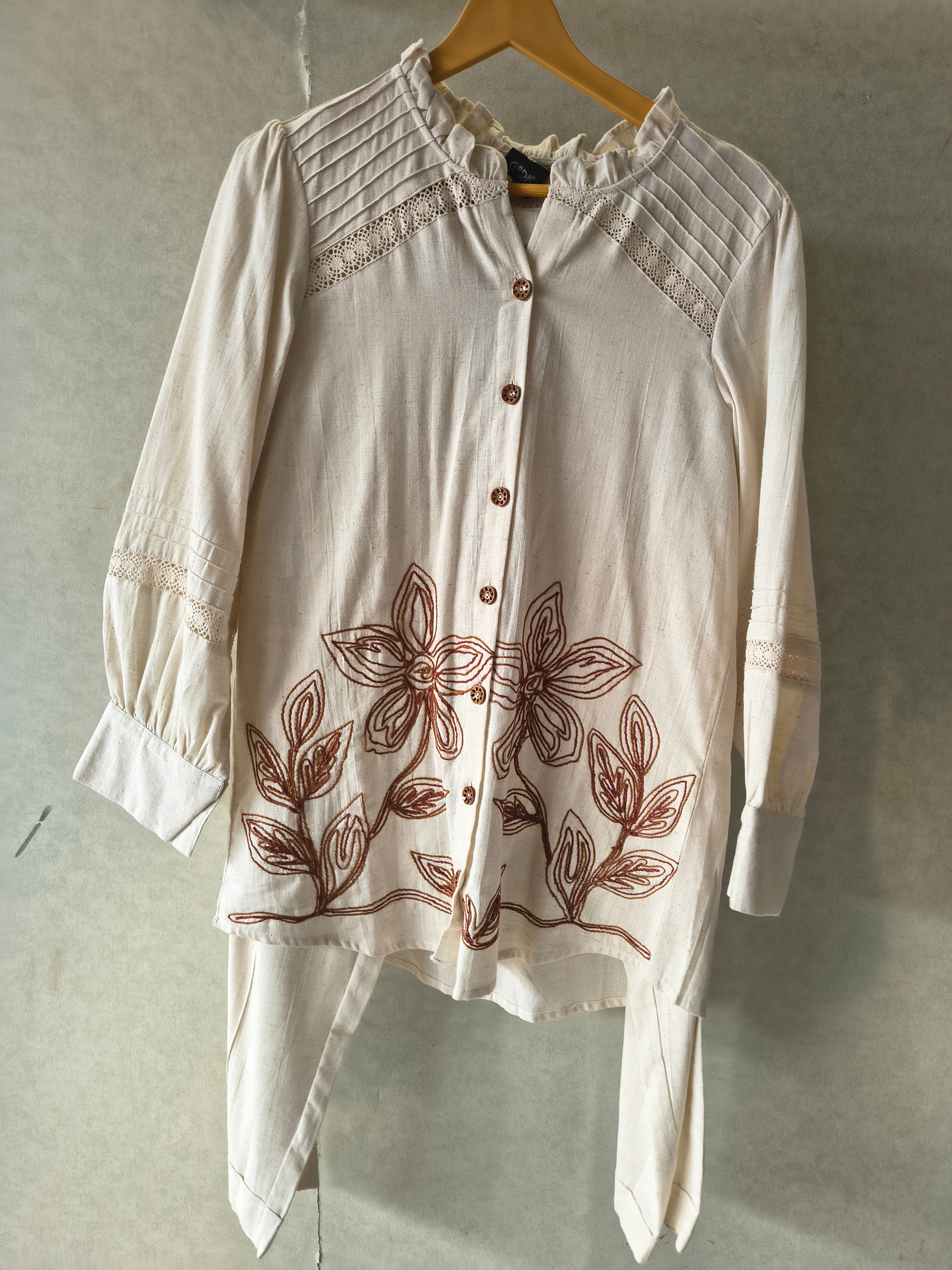 Image of Ivory Botanical Embroidered Pintuck Designer Co-Ord Set