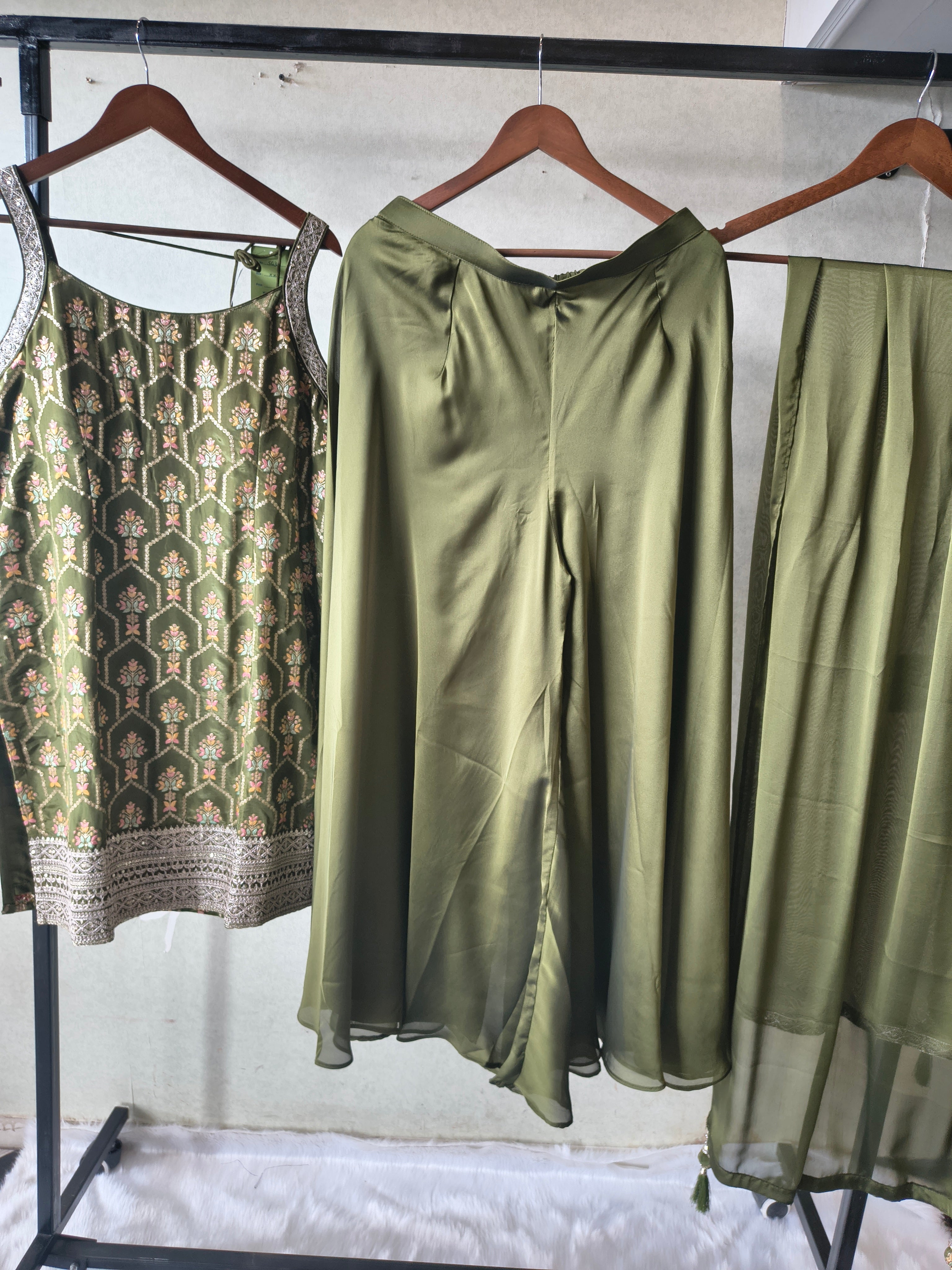 Image of Olive Green Printed Sharara Set with Embroidered Border & Dupatta – Premium 3 Piece Festive Ensemble