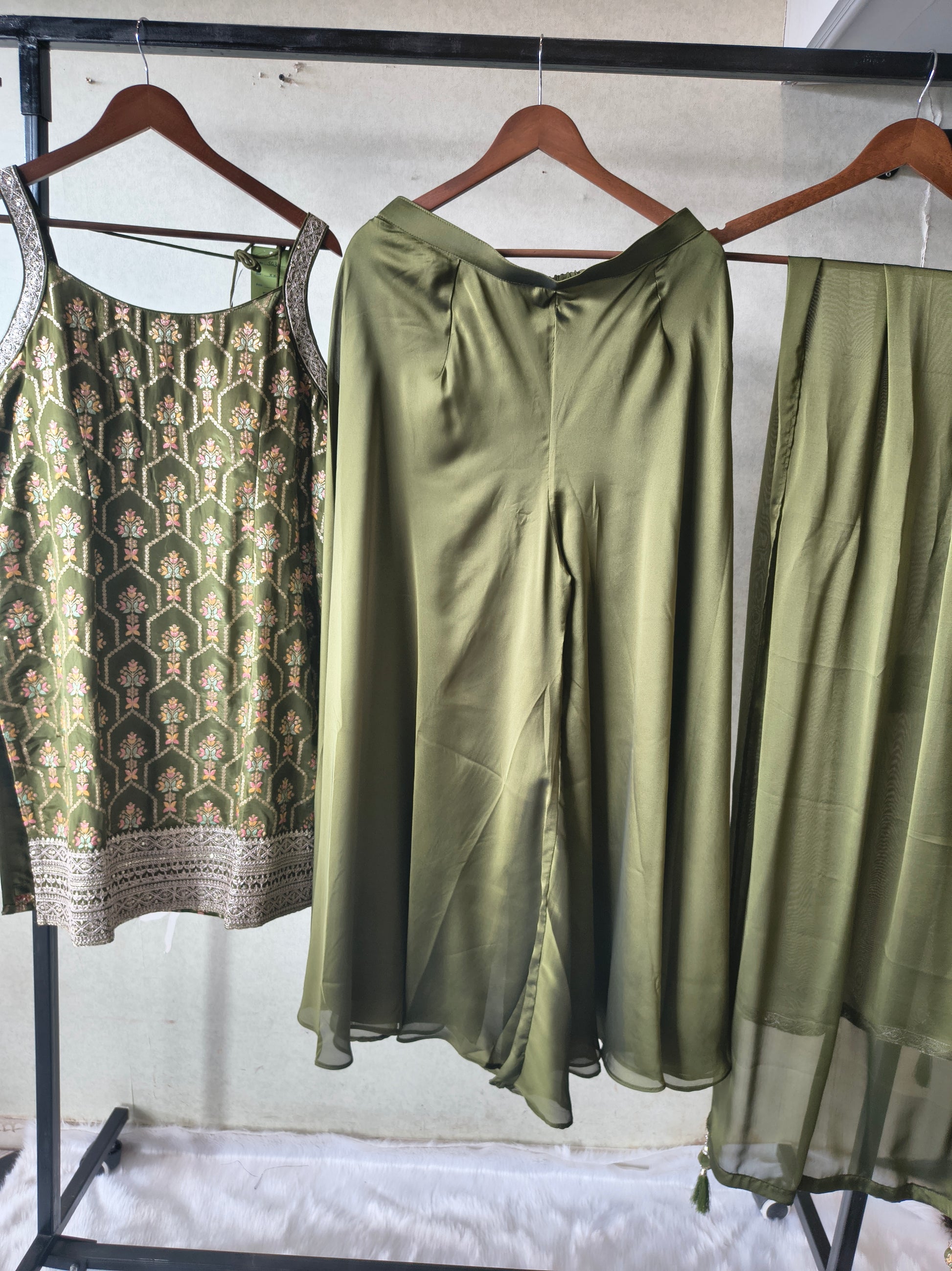 Olive Green Printed Sharara Set with Embroidered Border & Dupatta – Premium 3 Piece Festive Ensemble