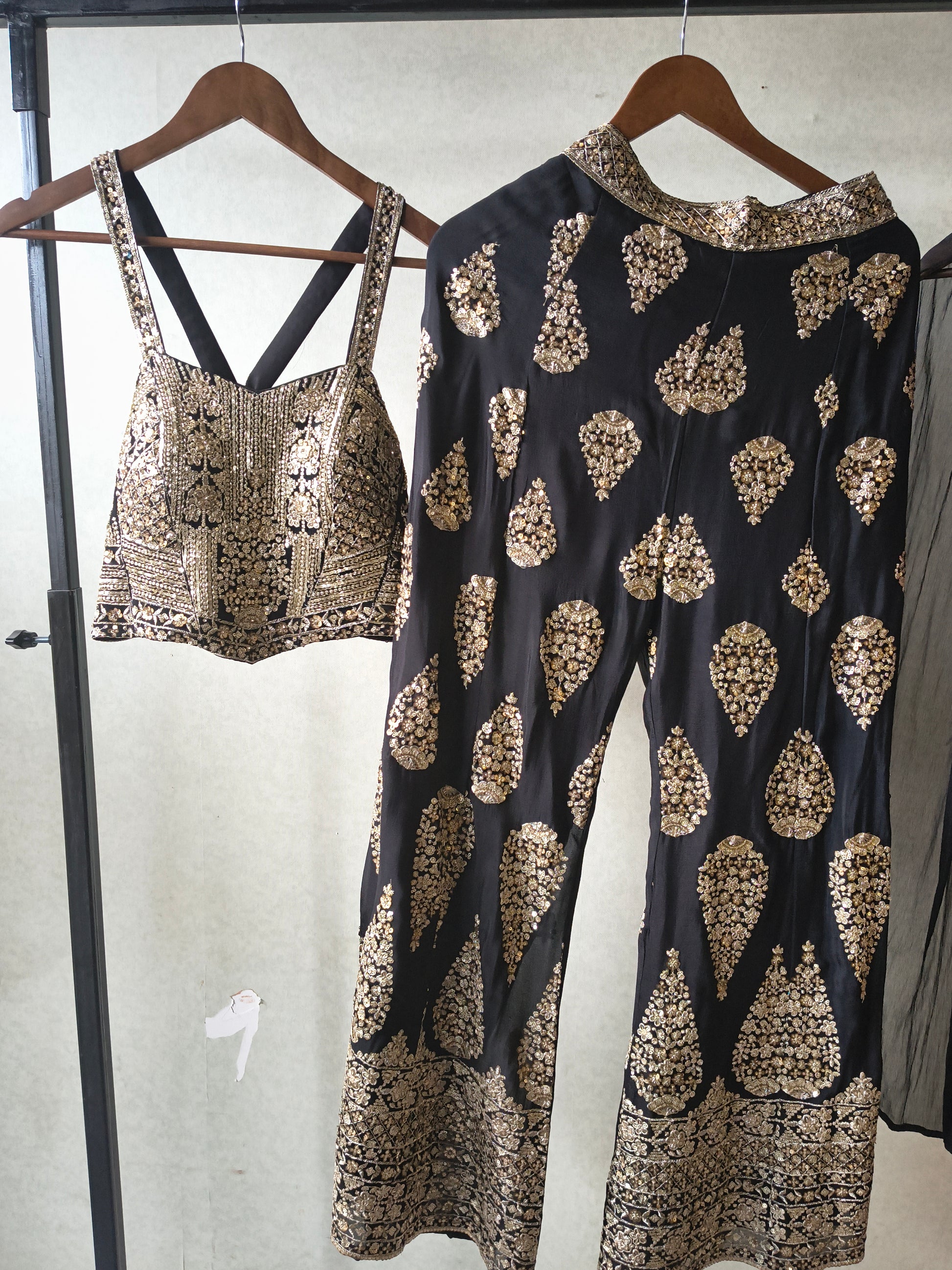 Luxury Black Hand-Embroidered Bustier & Palazzo Set with Embellished Net Dupatta – 3 Piece Designer Ensemble