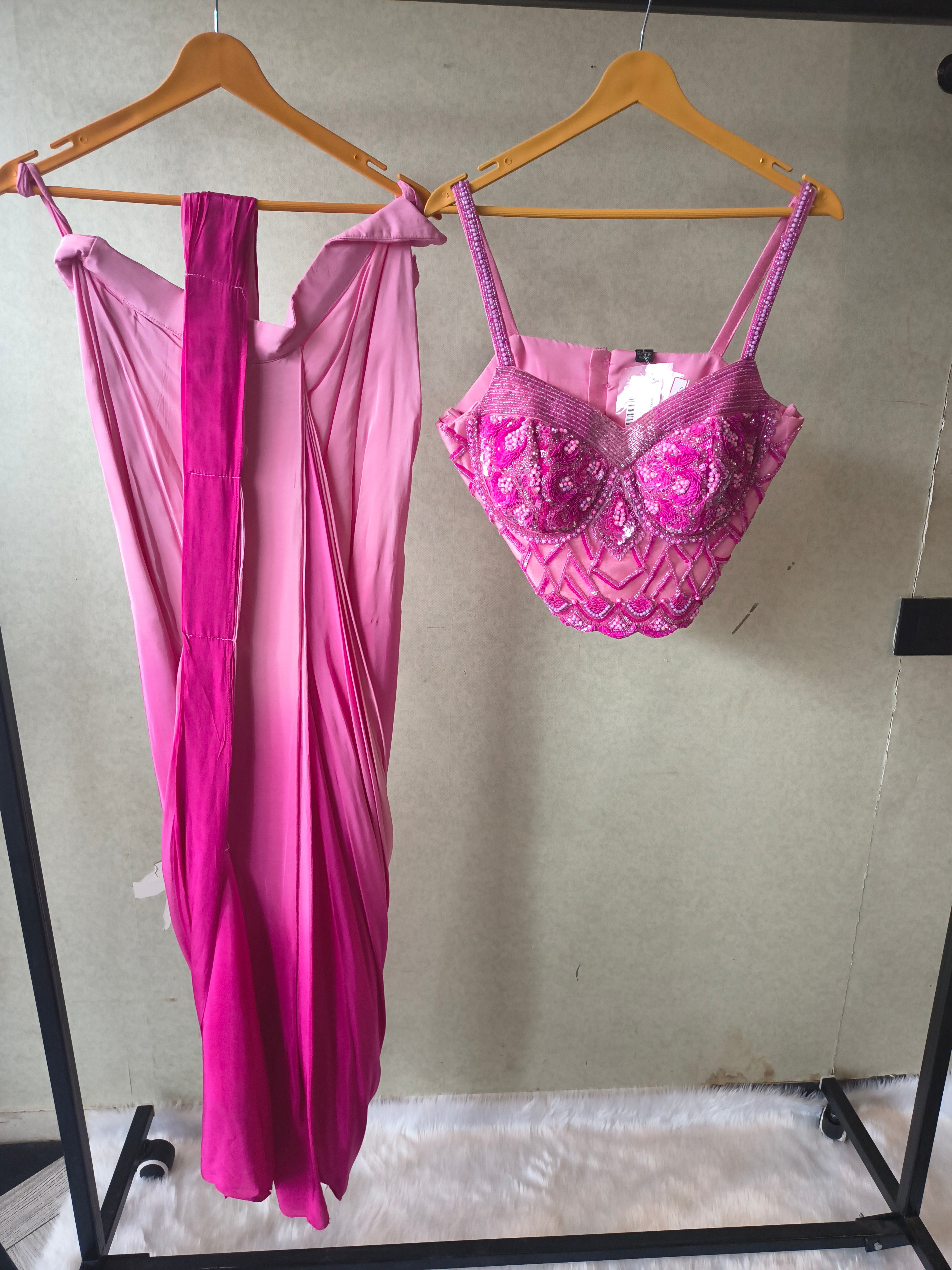 Image of Premium Ombre Pink Satin Saree with Hand Embroidered Designer Blouse