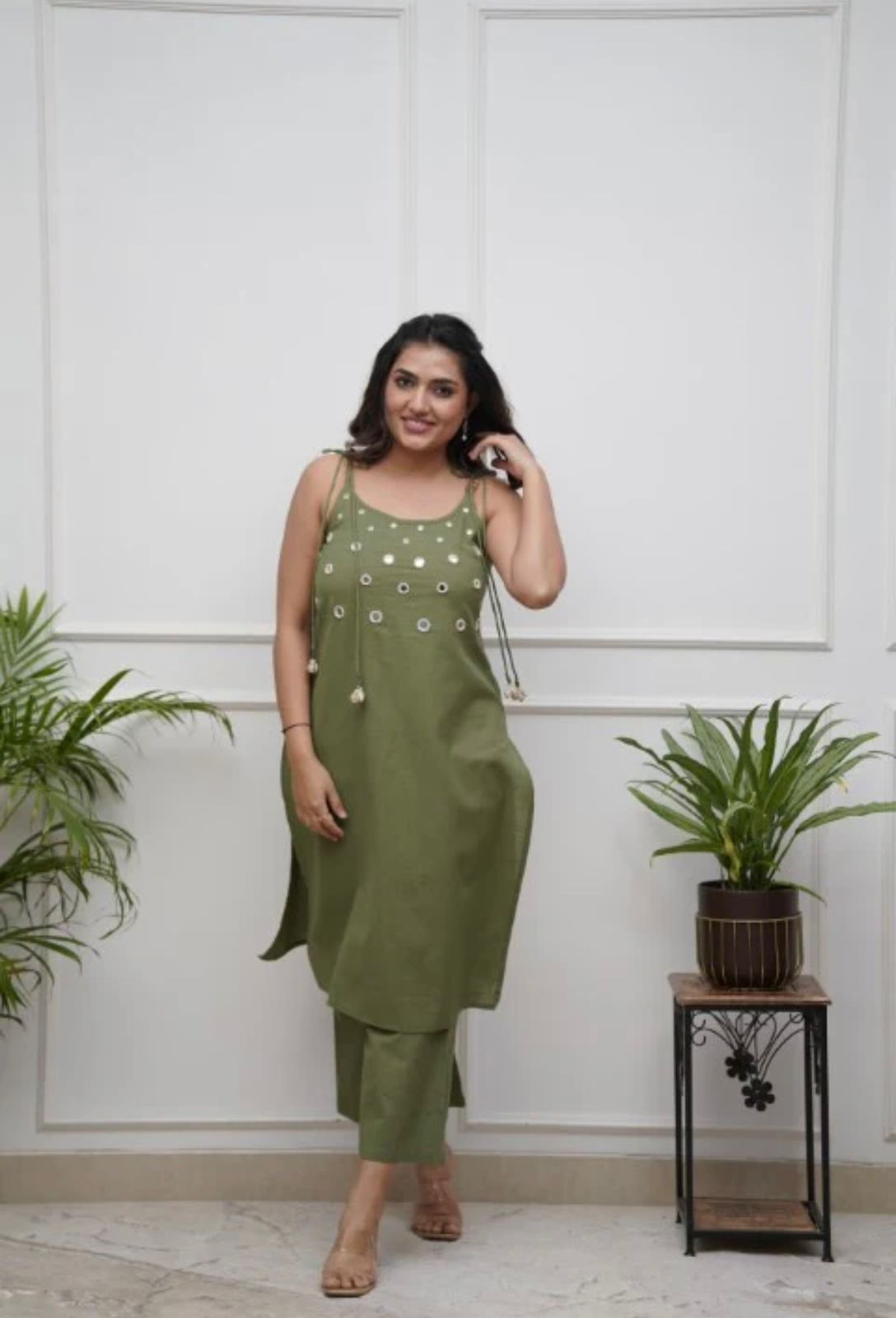 Image of Pure Cotton Sleeveless (Sleeves Attached) with center Mirror Hand work kurti Set - 2 piece