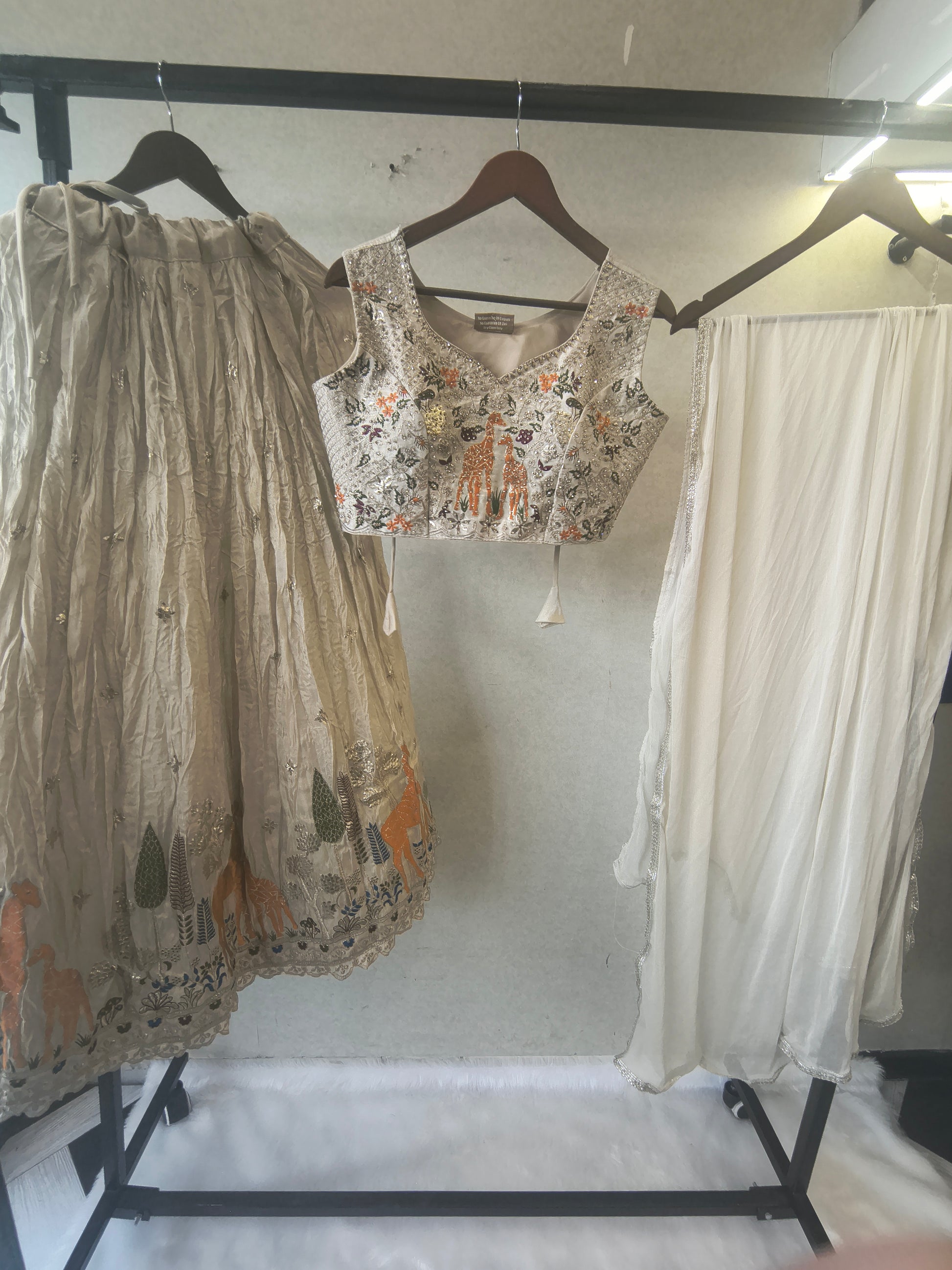 Ivory Grey Hand-Embroidered Designer Lehenga Set with Statement Blouse & Soft Organza Dupatta | Premium Wedding Collection