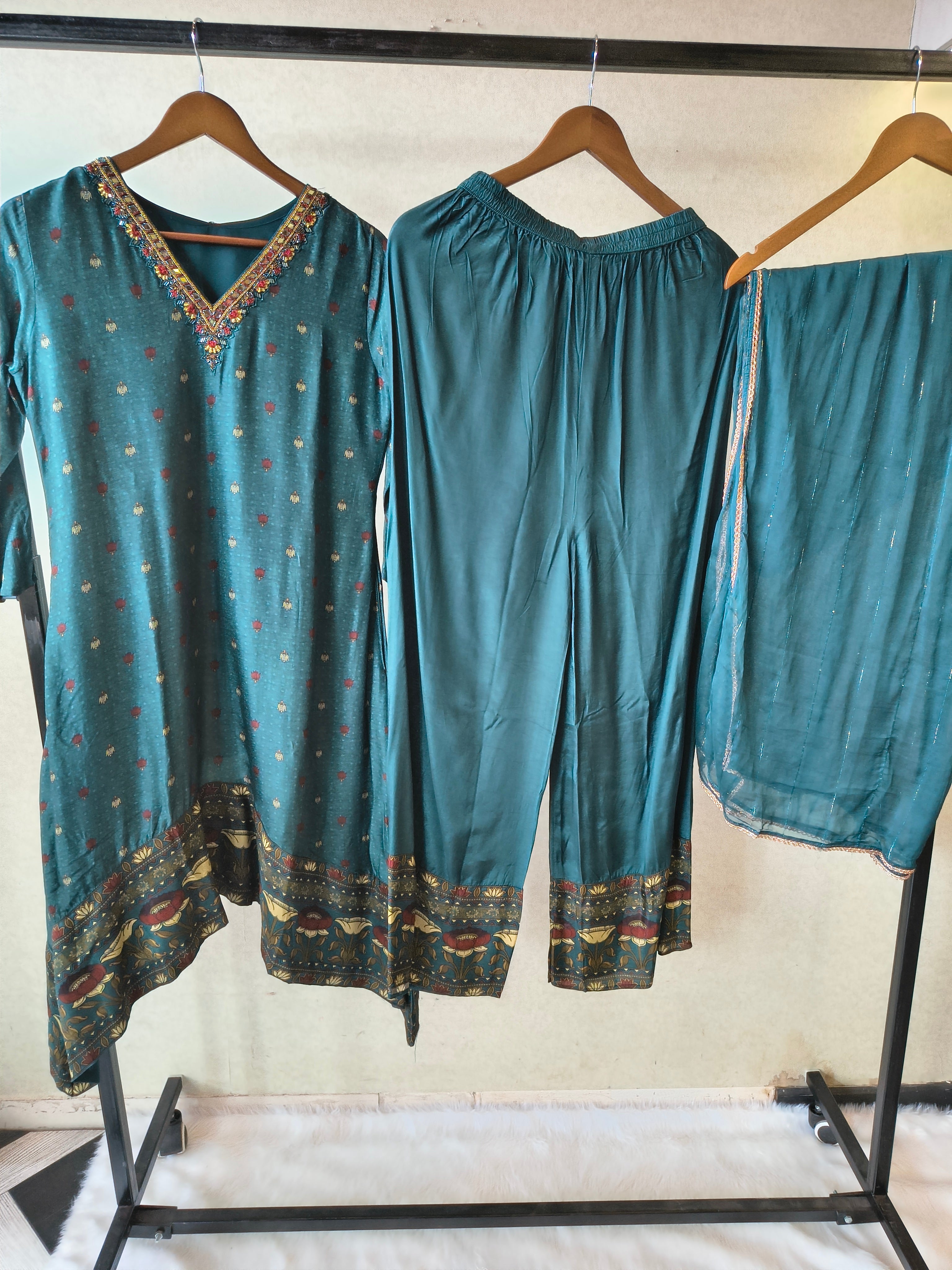 Image of Premium Teal Printed Straight Kurta with Palazzo & Dupatta Set