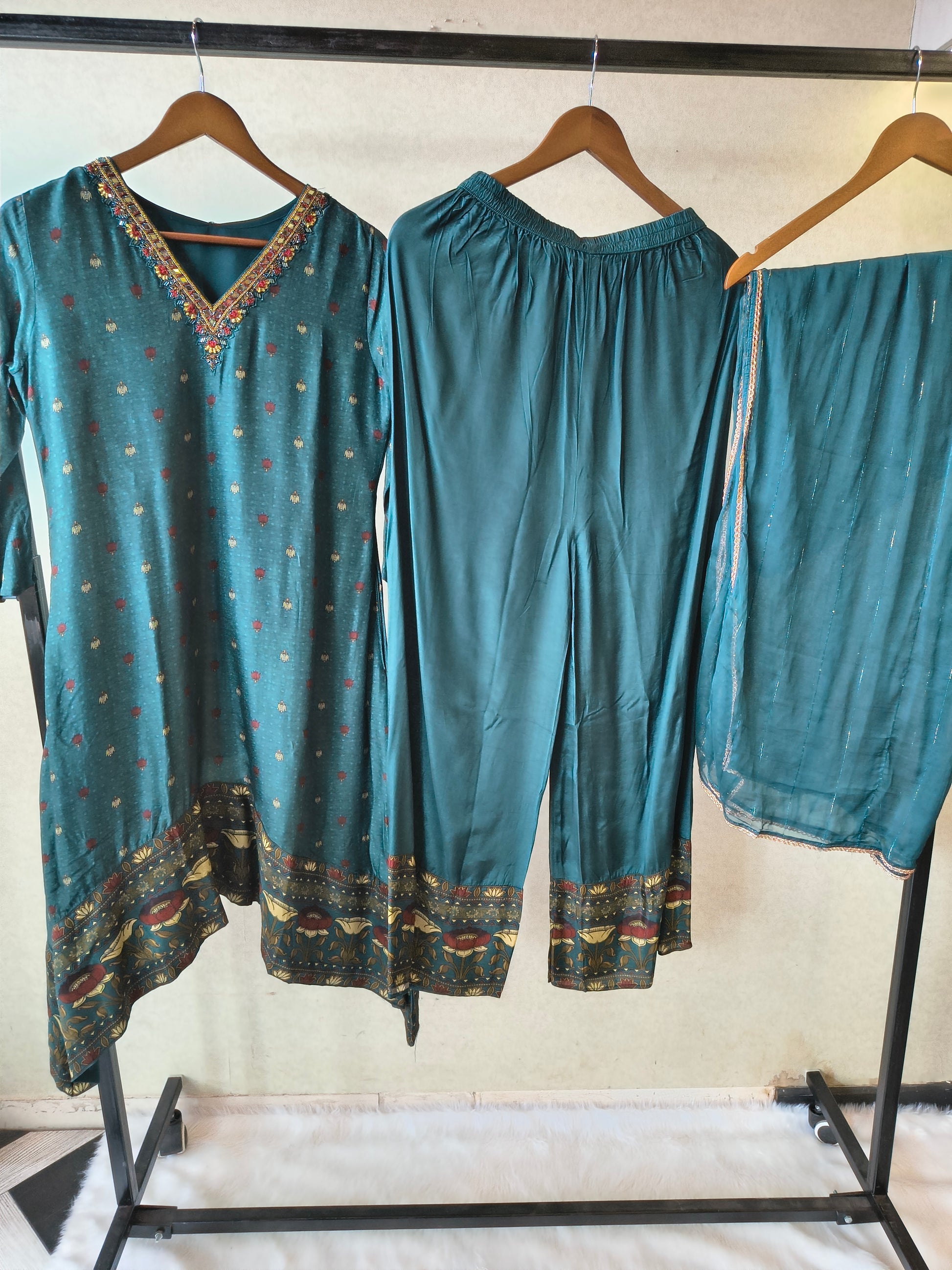Premium Teal Printed Straight Kurta with Palazzo & Dupatta Set