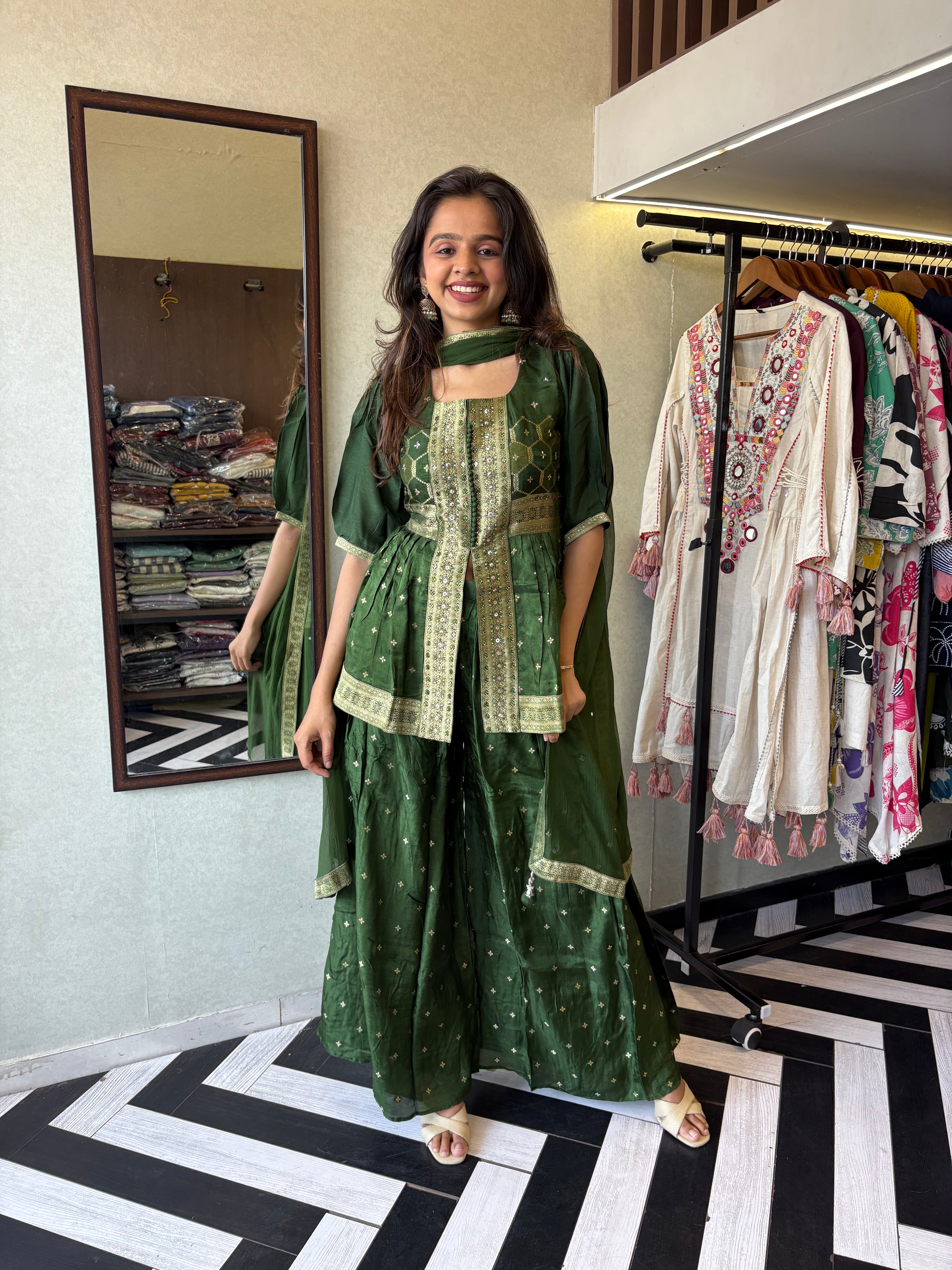 Image of our premium pure silk 3-piece Indo-Western set in stunning green! From dazzling mirror & handwork on the jacket-style top to the flowing plazzo and dupatta