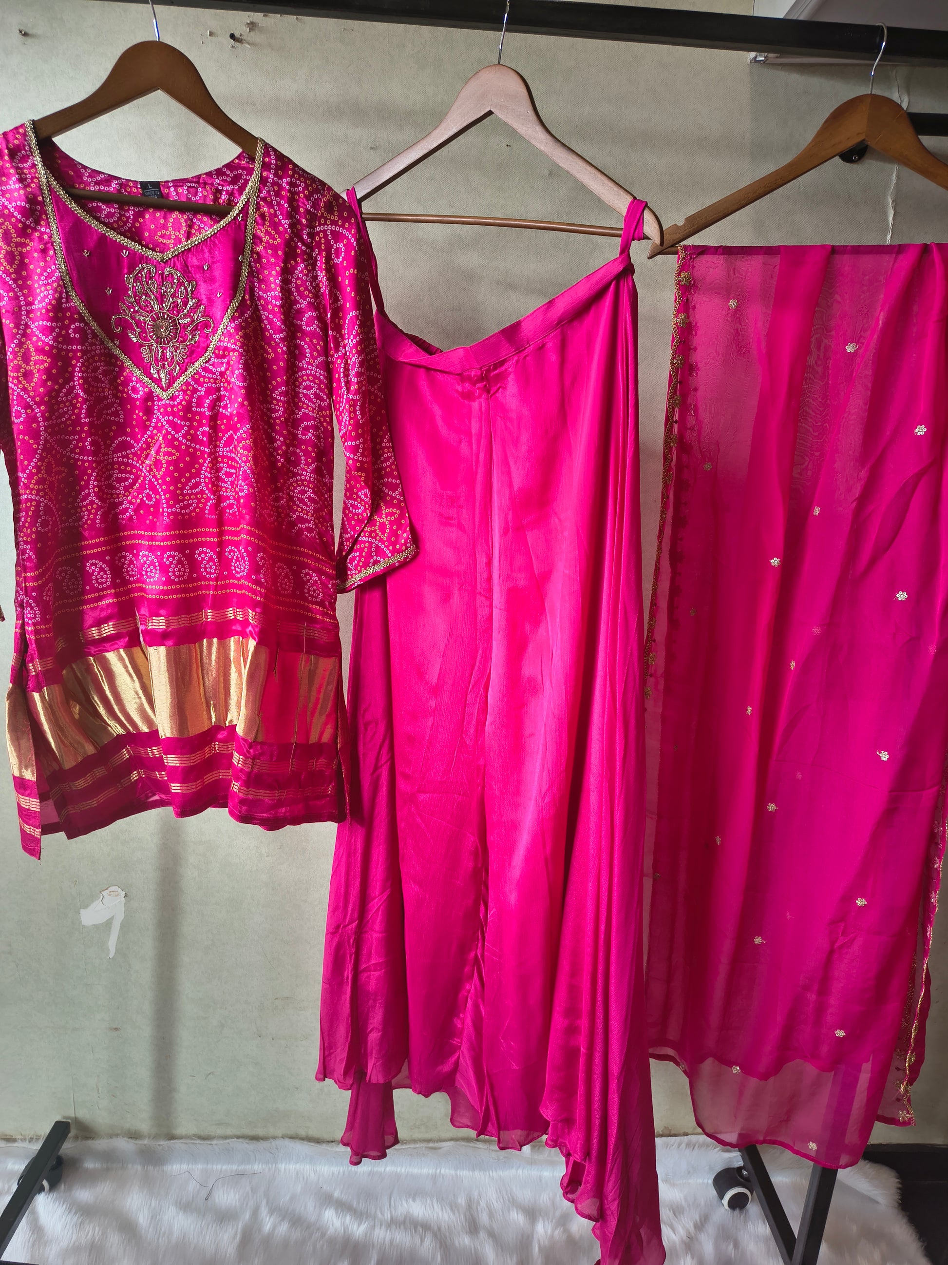 Rani Pink Bandhani Sharara Set with Zari Border & Embroidered Dupatta – Premium 3 Piece Festive Ensemble
