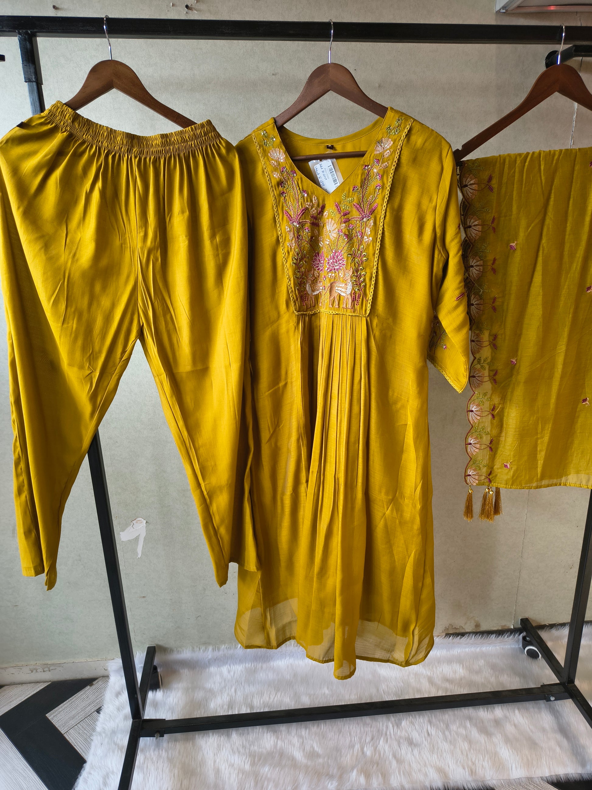 Mustard Yellow Cotton Blend 3-Piece Suit Set with Floral Embroidered Yoke & Tassel Dupatta