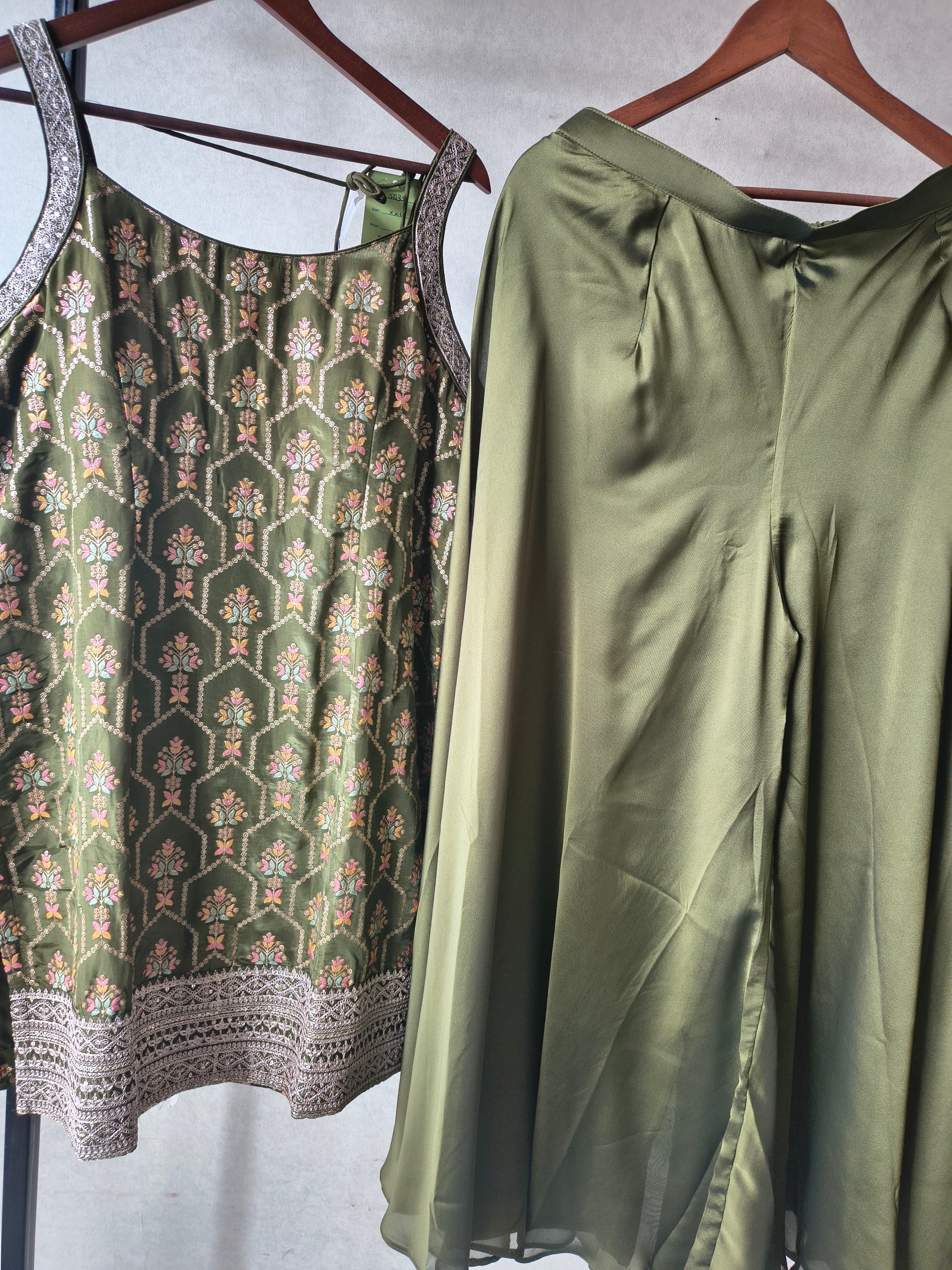 Olive Green Printed Sharara Set with Embroidered Border & Dupatta – Premium 3 Piece Festive Ensemble