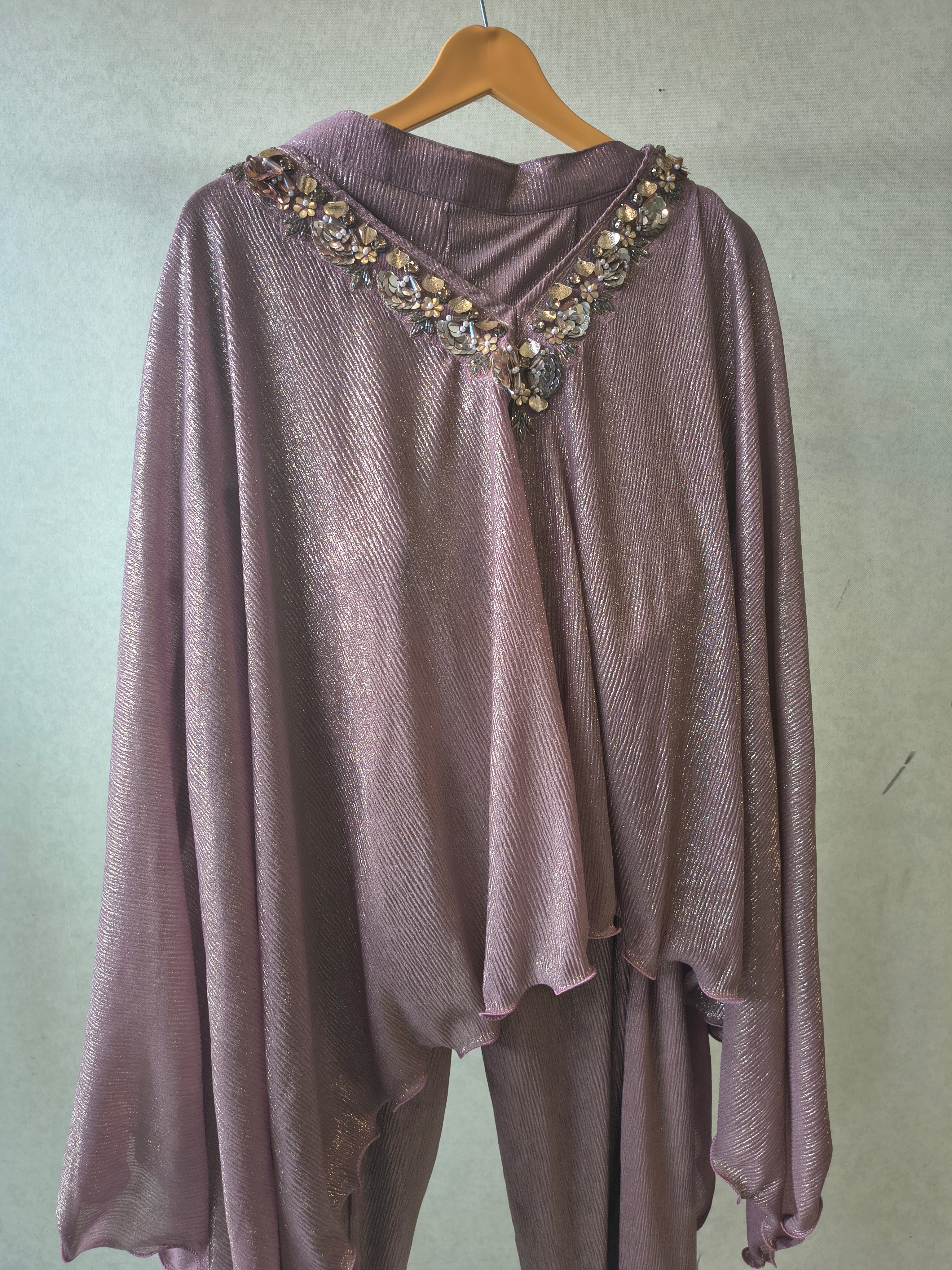 Image of Premium Rose Gold Shimmer Kaftan Co-Ord Set with Hand Embellished Cape & Straight Pants