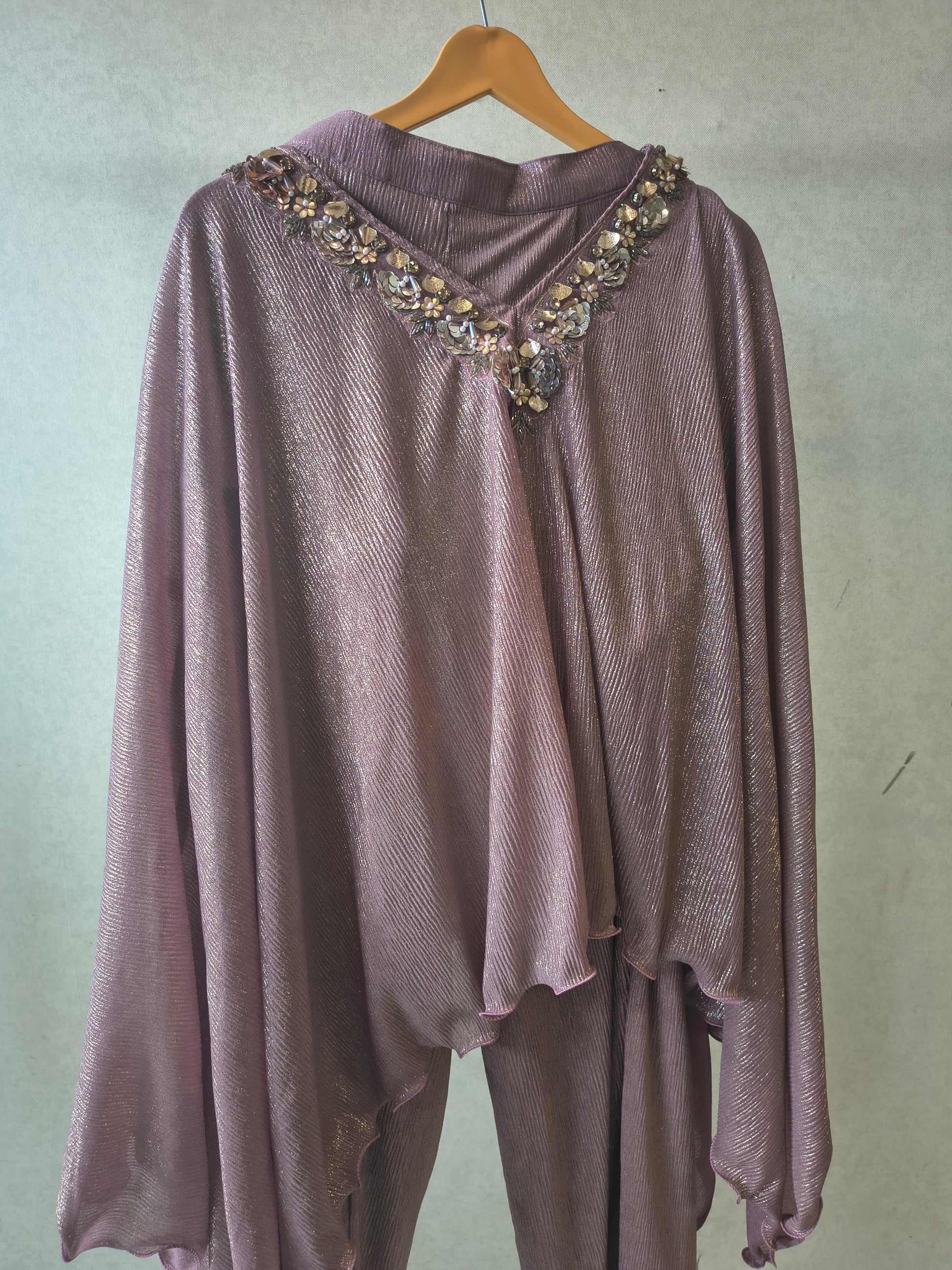 Premium Rose Gold Shimmer Kaftan Co-Ord Set with Hand Embellished Cape & Straight Pants