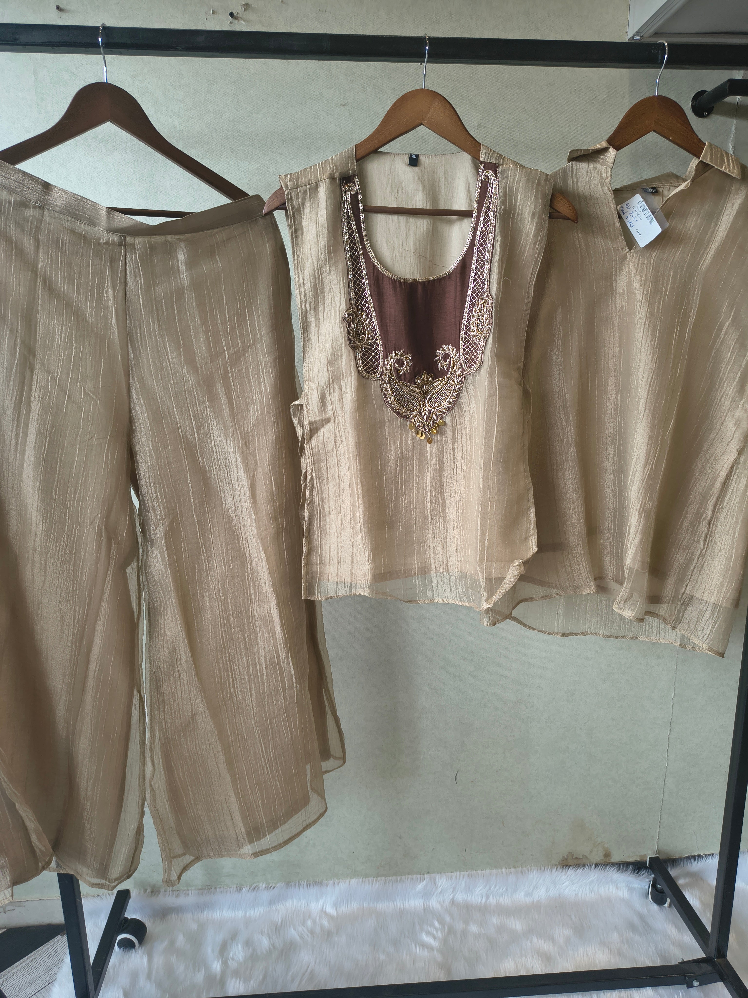 Image of Premium Taupe Tissue Silk 3-Piece Co-Ord Set with Antique Embroidered Jacket, Inner & Palazzo