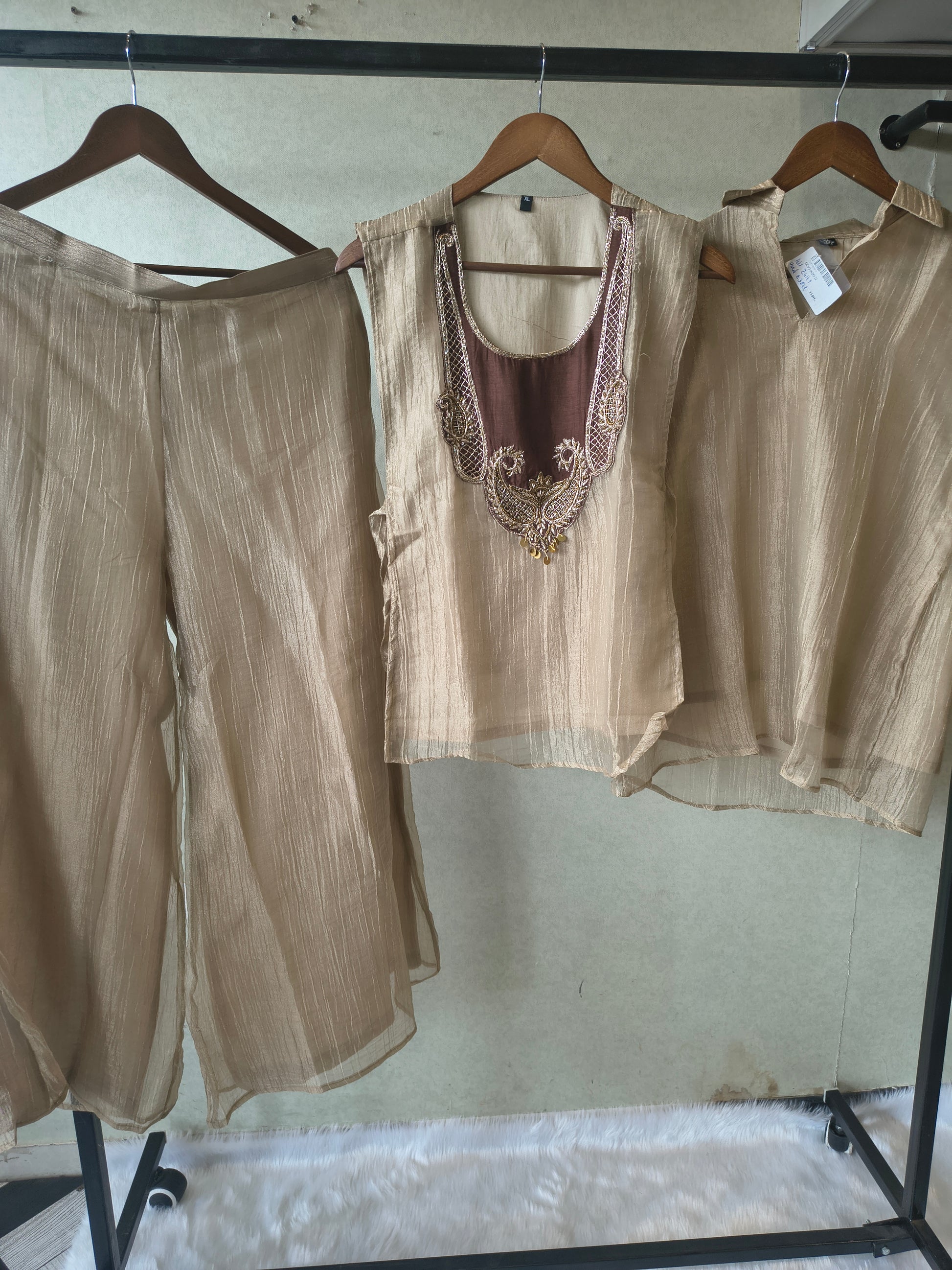 Premium Taupe Tissue Silk 3-Piece Co-Ord Set with Antique Embroidered Jacket, Inner & Palazzo