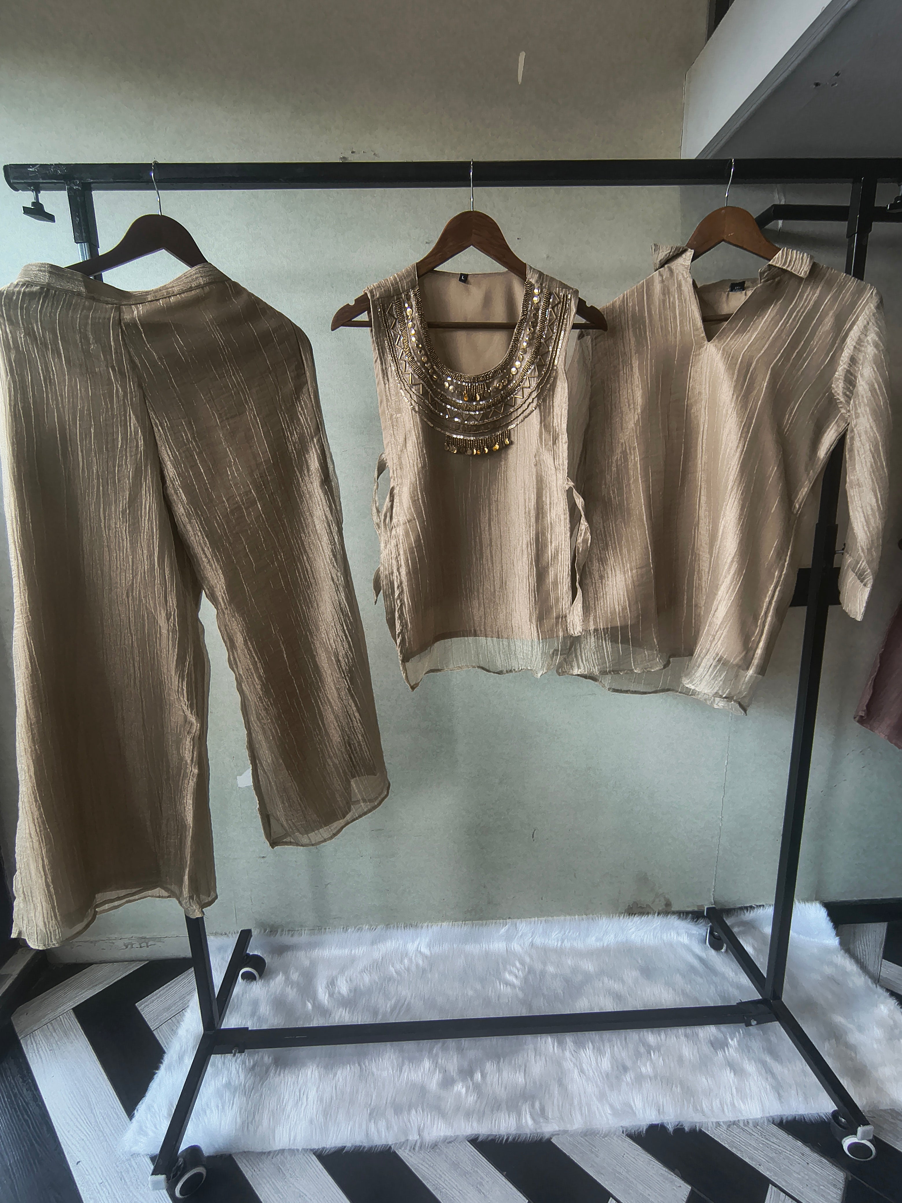 Image of Premium Champagne Tissue Silk 3-Piece Co-Ord Set with Statement Hand Embellished Jacket, Inner & Palazzo