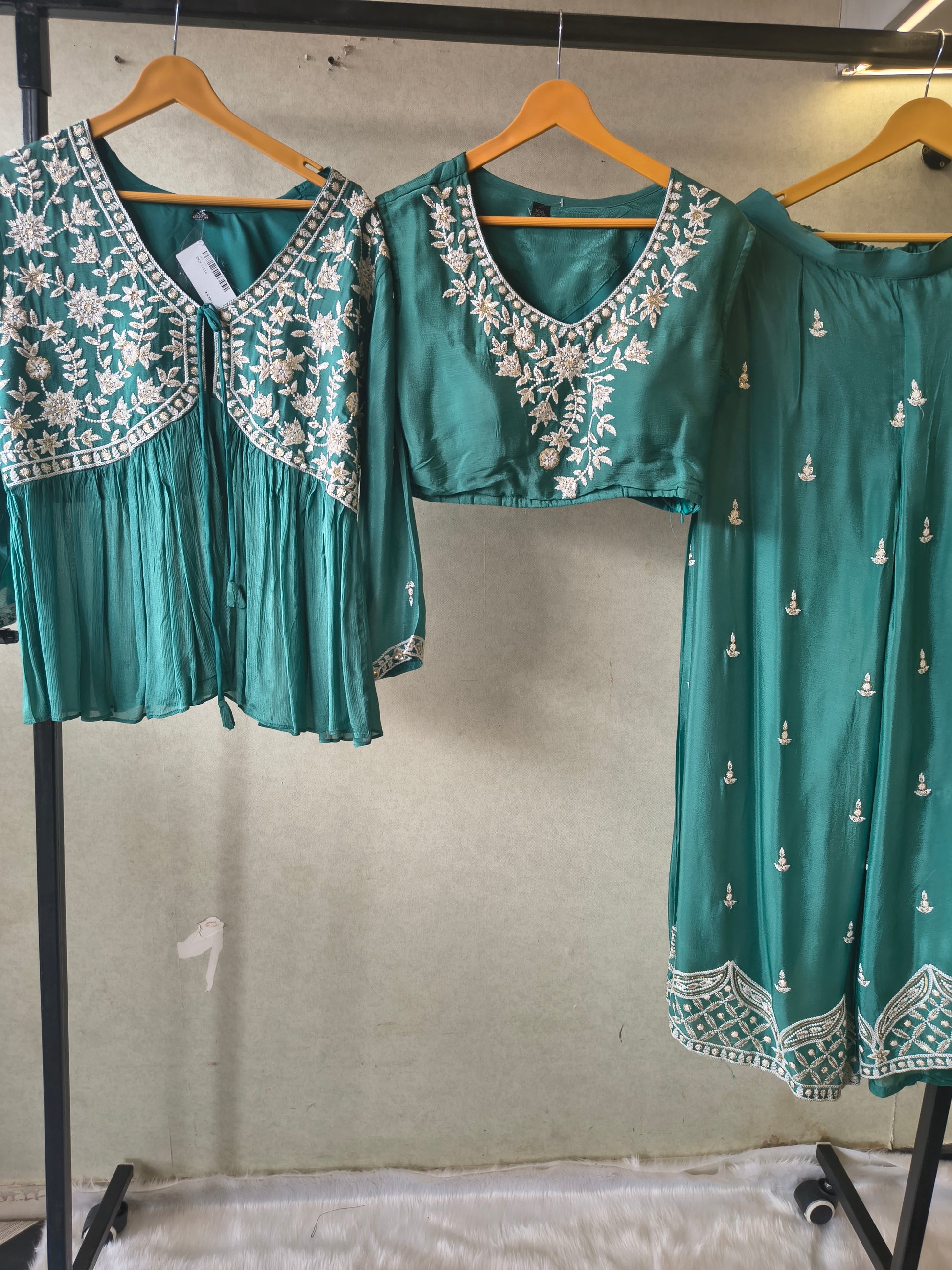 Emerald Green Embroidered Peplum Jacket with Blouse & Flared Palazzo – Designer 3 Piece Indo-Western Set