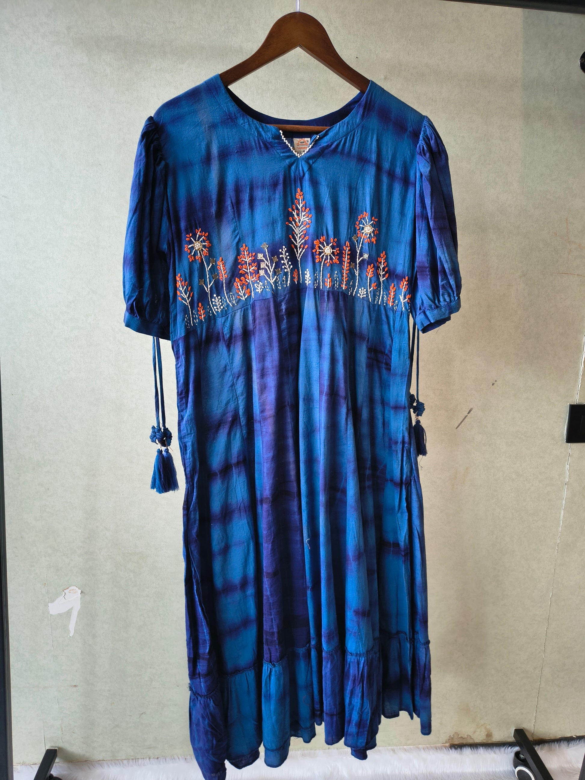Premium Indigo Tie-Dye Embroidered Cotton Flared Dress